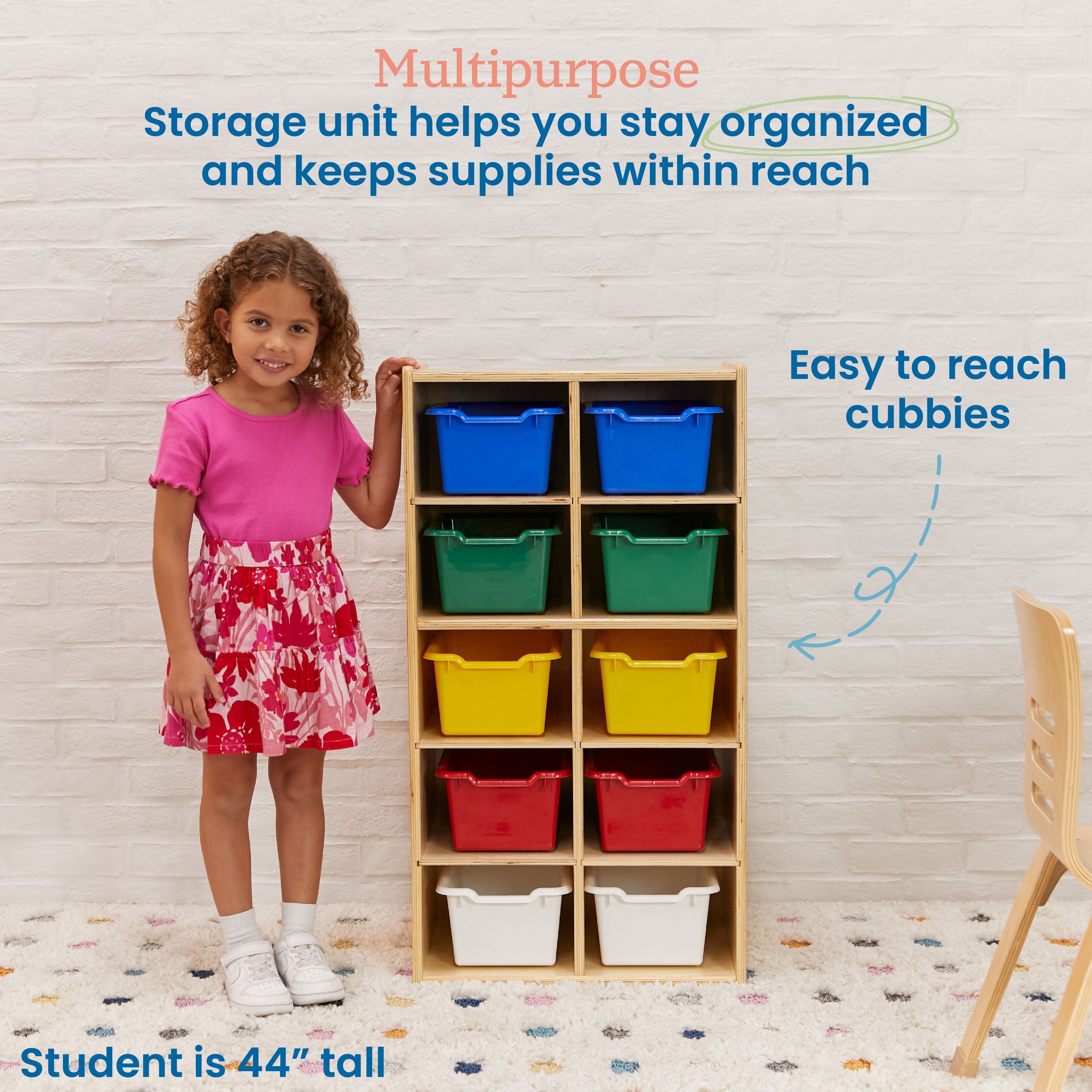 Streamline 10 Cubby Tray Cabinet with 10 Scoop Front Storage Bins, 5x2, Natural