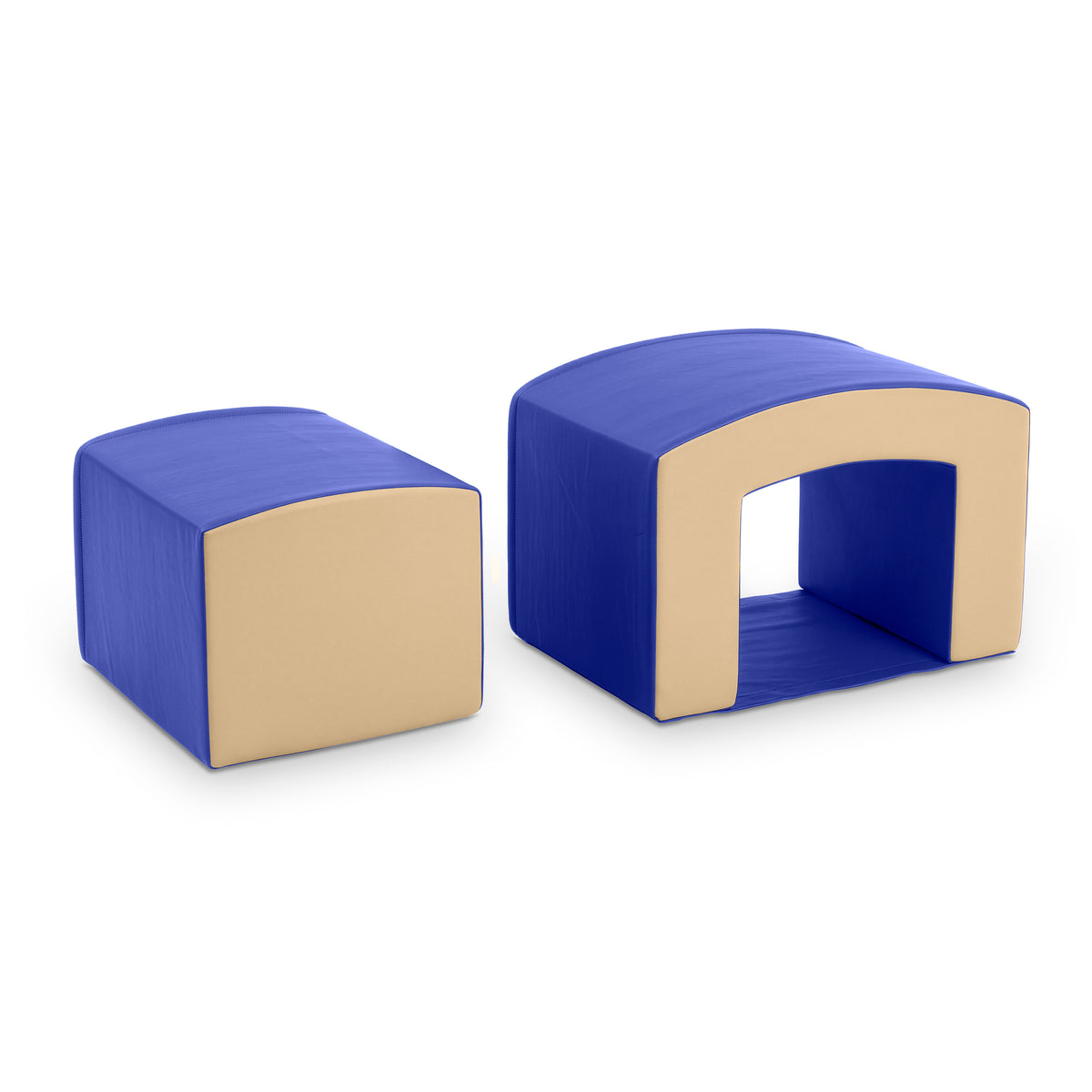 Two-piece soft play climber with blue-padded curved sections and tan foam frames forming a tunnel and arch configuration.