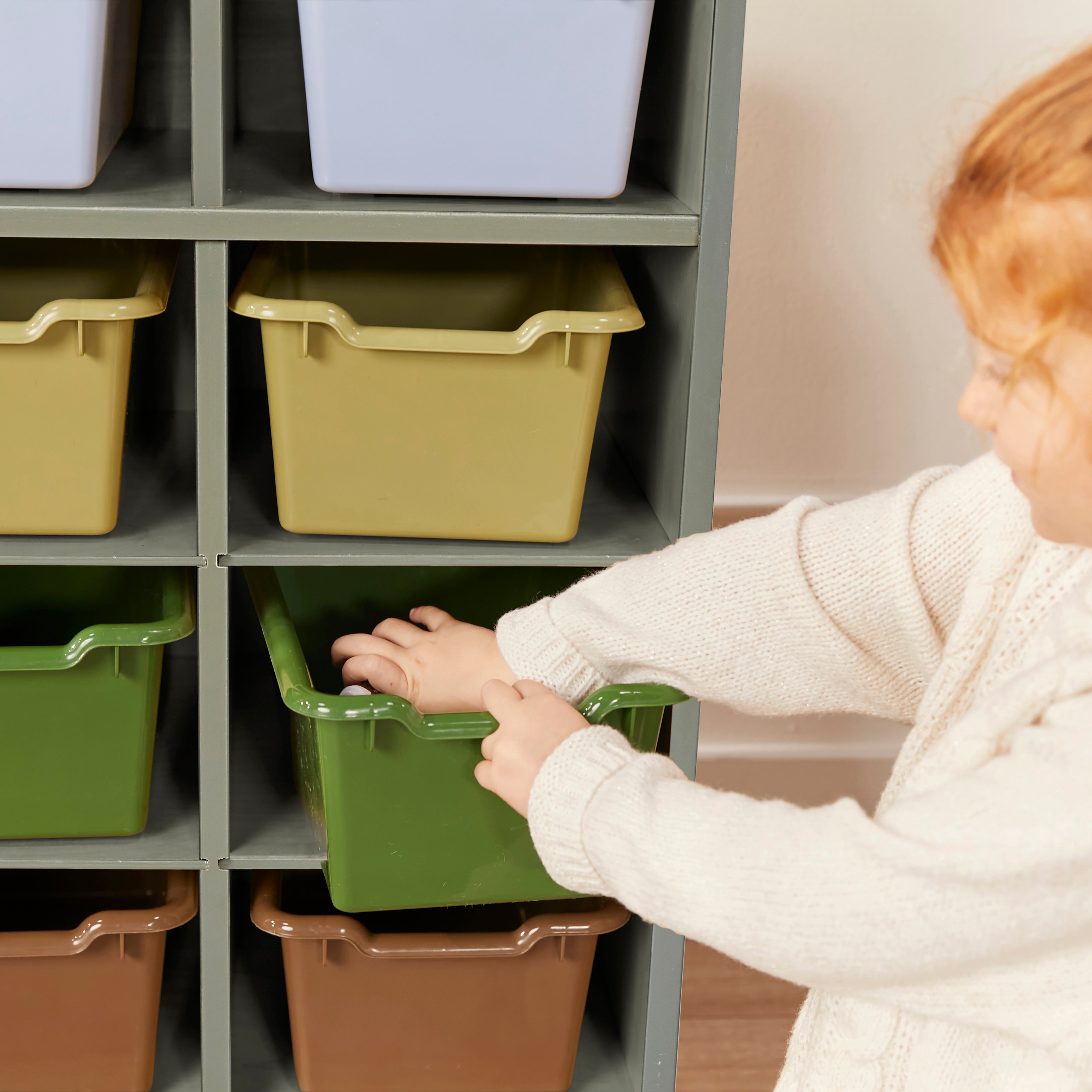 10 Cubby Mobile Tray Cabinet with 10 Scoop Front Storage Bins, 5x2, Grey Wash