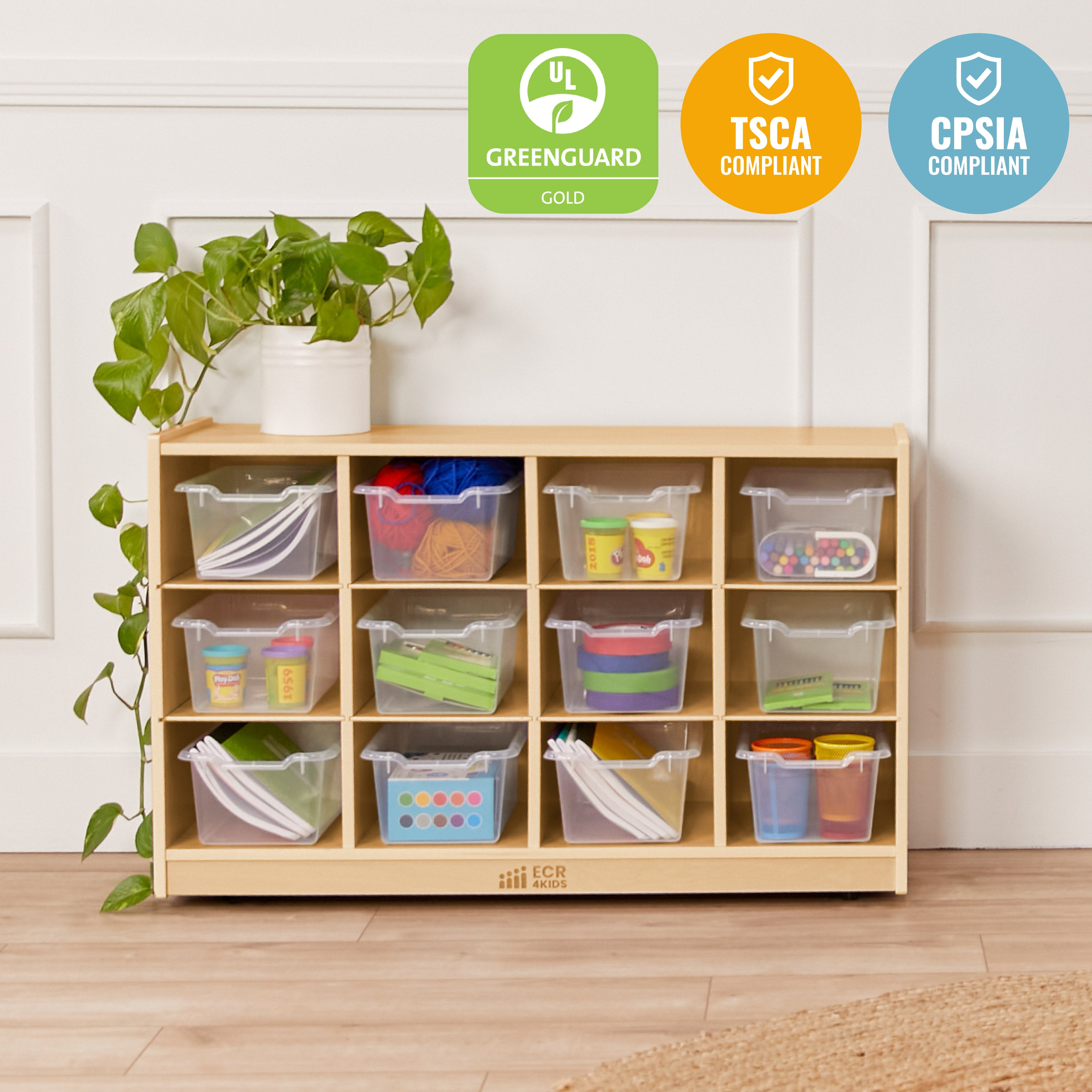 12 Cubby Mobile Tray Cabinet with 15 Scoop Front Storage Bins, 3x4, Natural