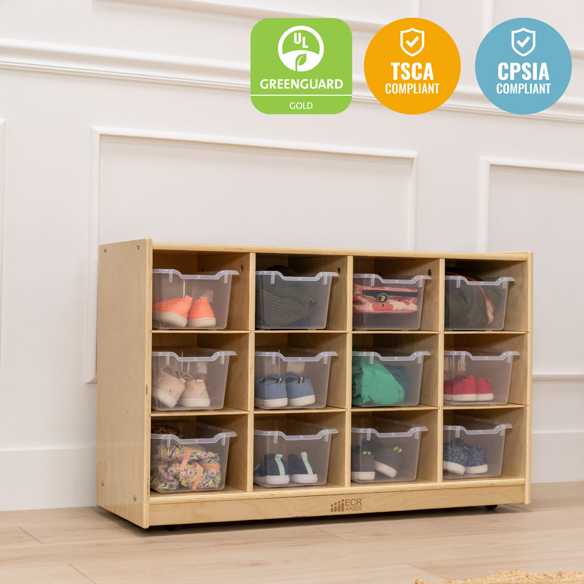 12 Cubby Mobile Tray Cabinet with 15 Scoop Front Bins, 3x4