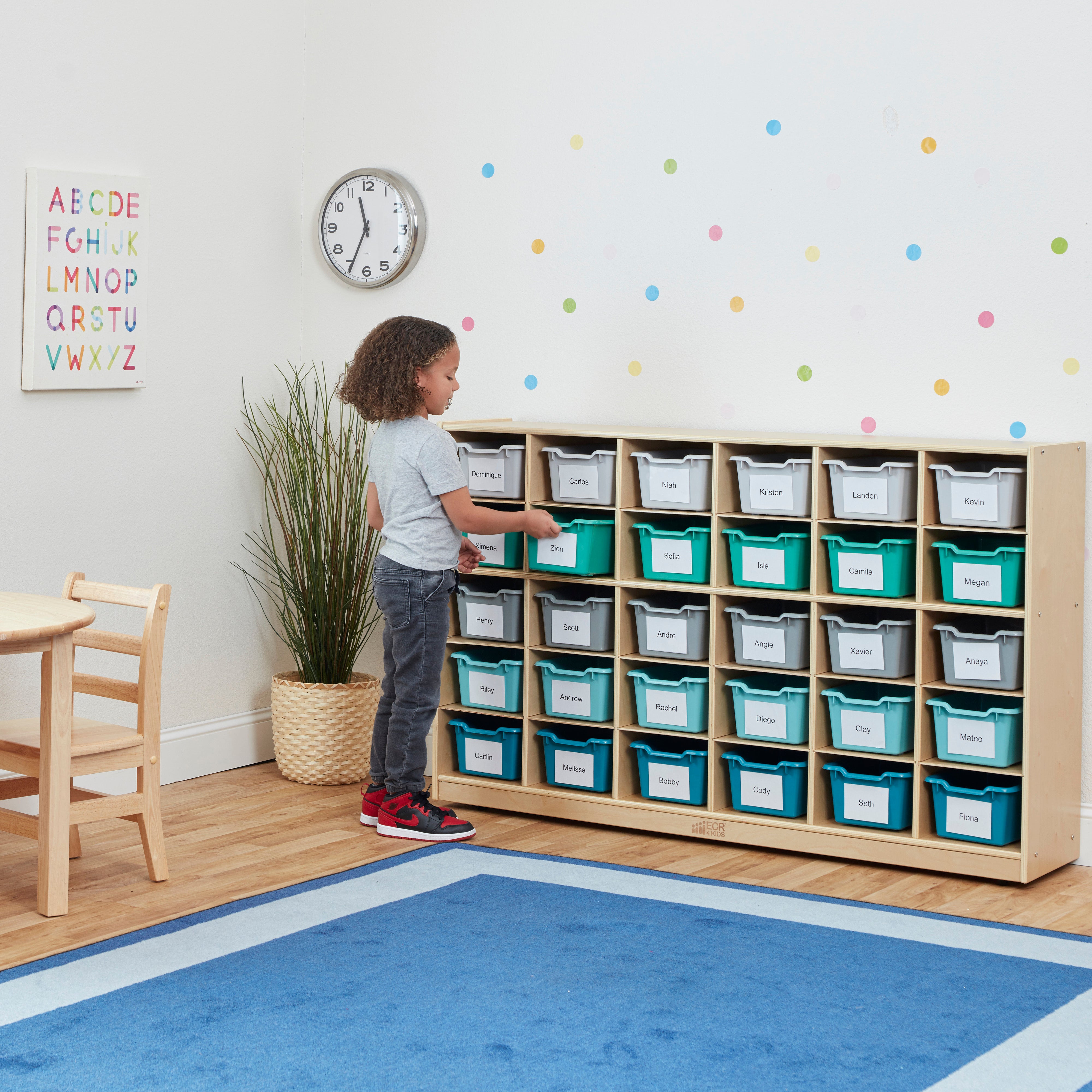 30 Cubby Mobile Tray Cabinet with 30 Scoop Front Storage Bins, 5x6, Natural