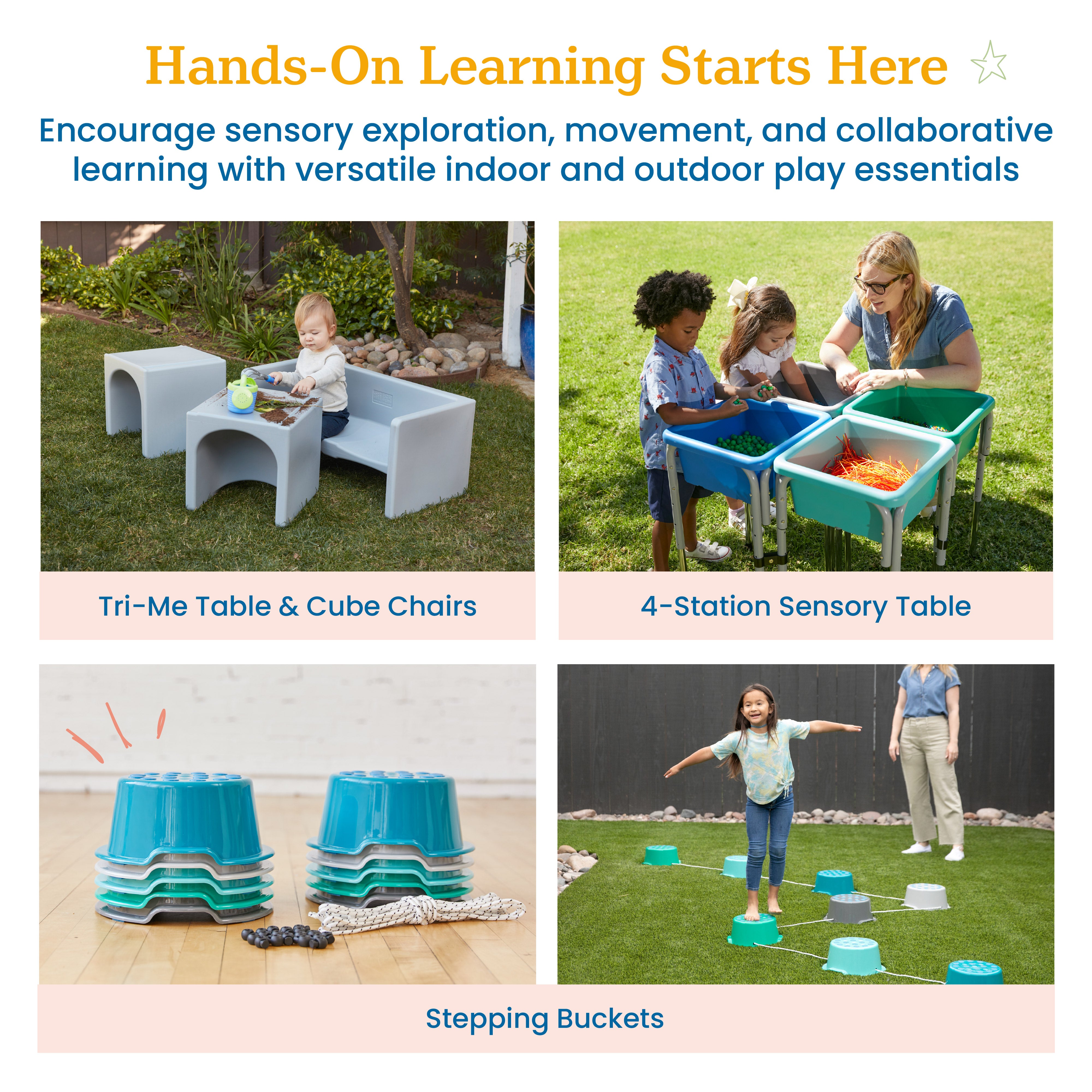 Preschool Outdoor Learning and Play Package with Sand and Water Table, Table and Chairs and Stepping Buckets