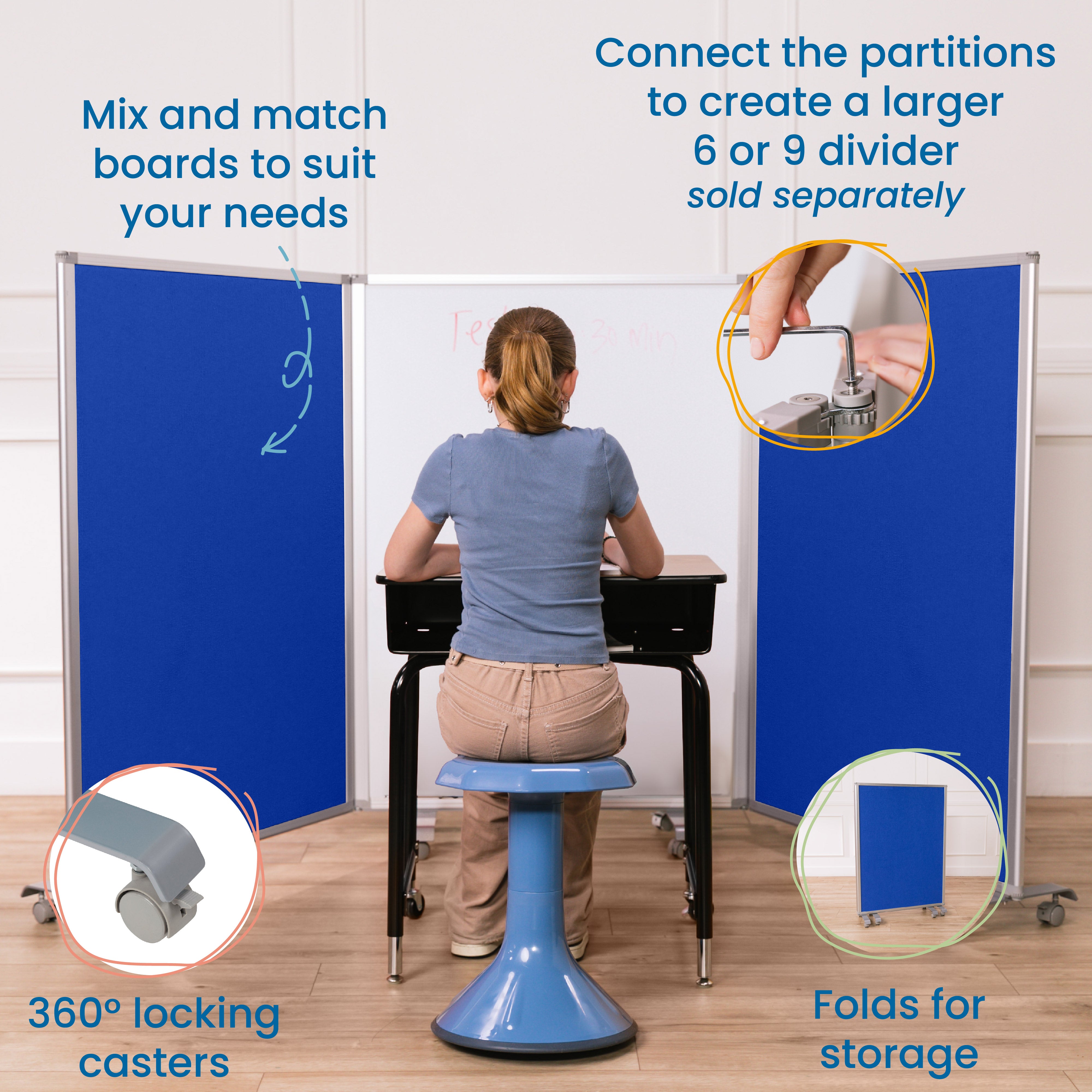 Mobile Dry-Erase and Flannel Room Divider, 3-Panel