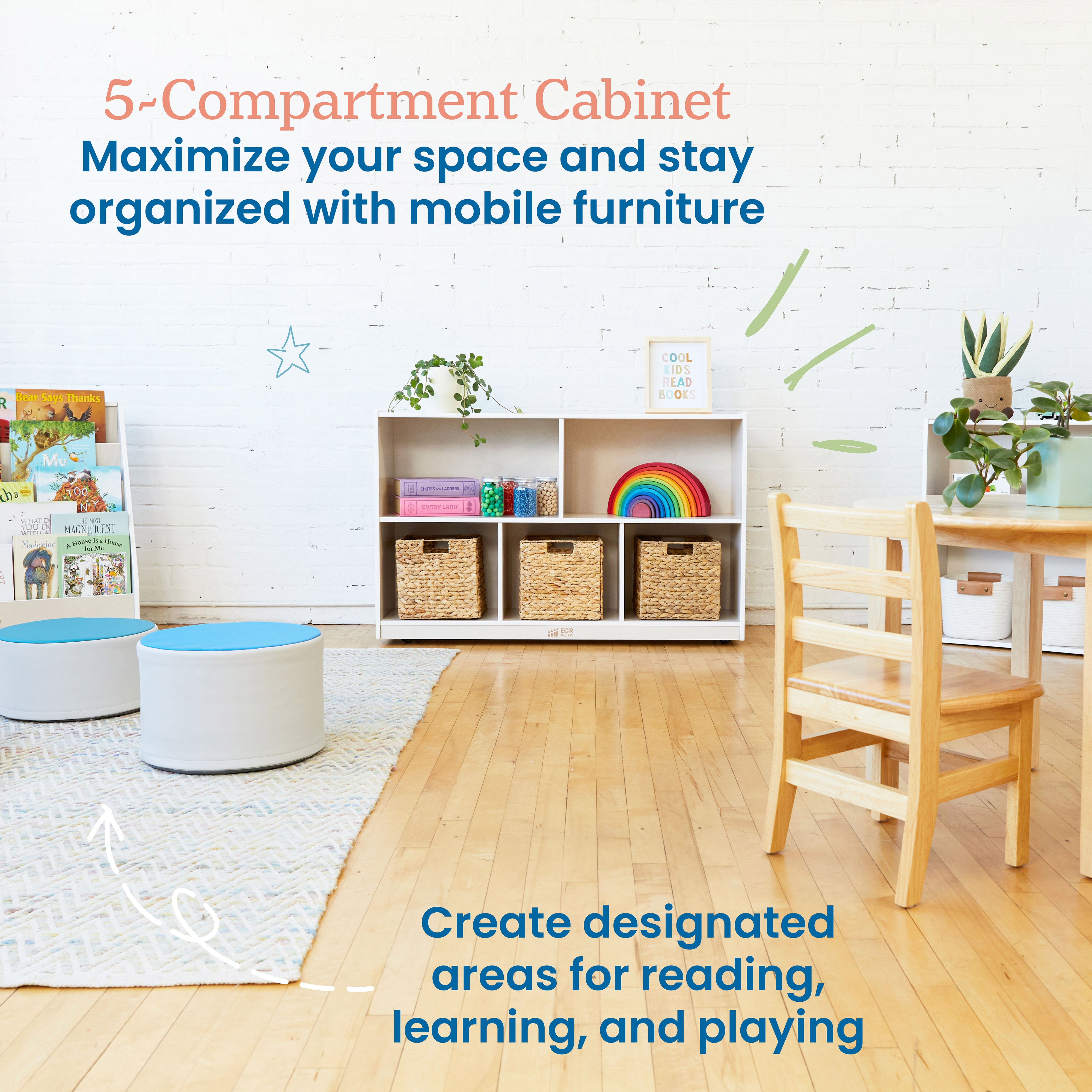 5-Compartment Mobile Storage Cabinet, Preschool