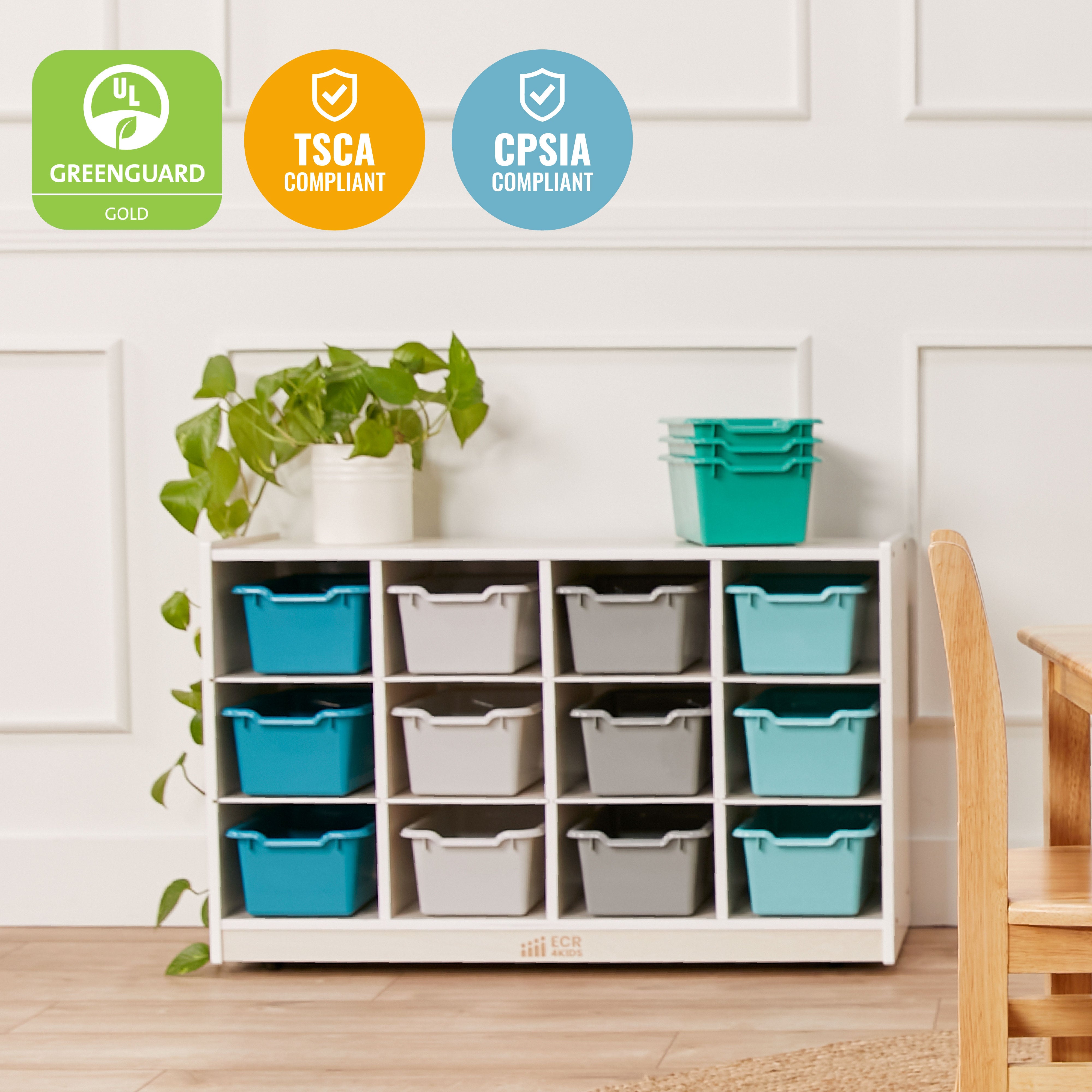 12 Cubby Mobile Tray Cabinet with 15 Scoop Front Storage Bins, 3x4, White Wash