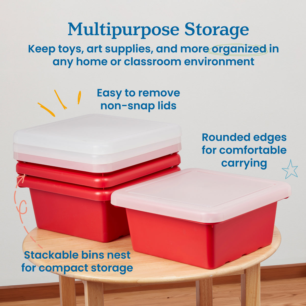 Stackable Square Bins with Non-Snap Lids, 4-Pack