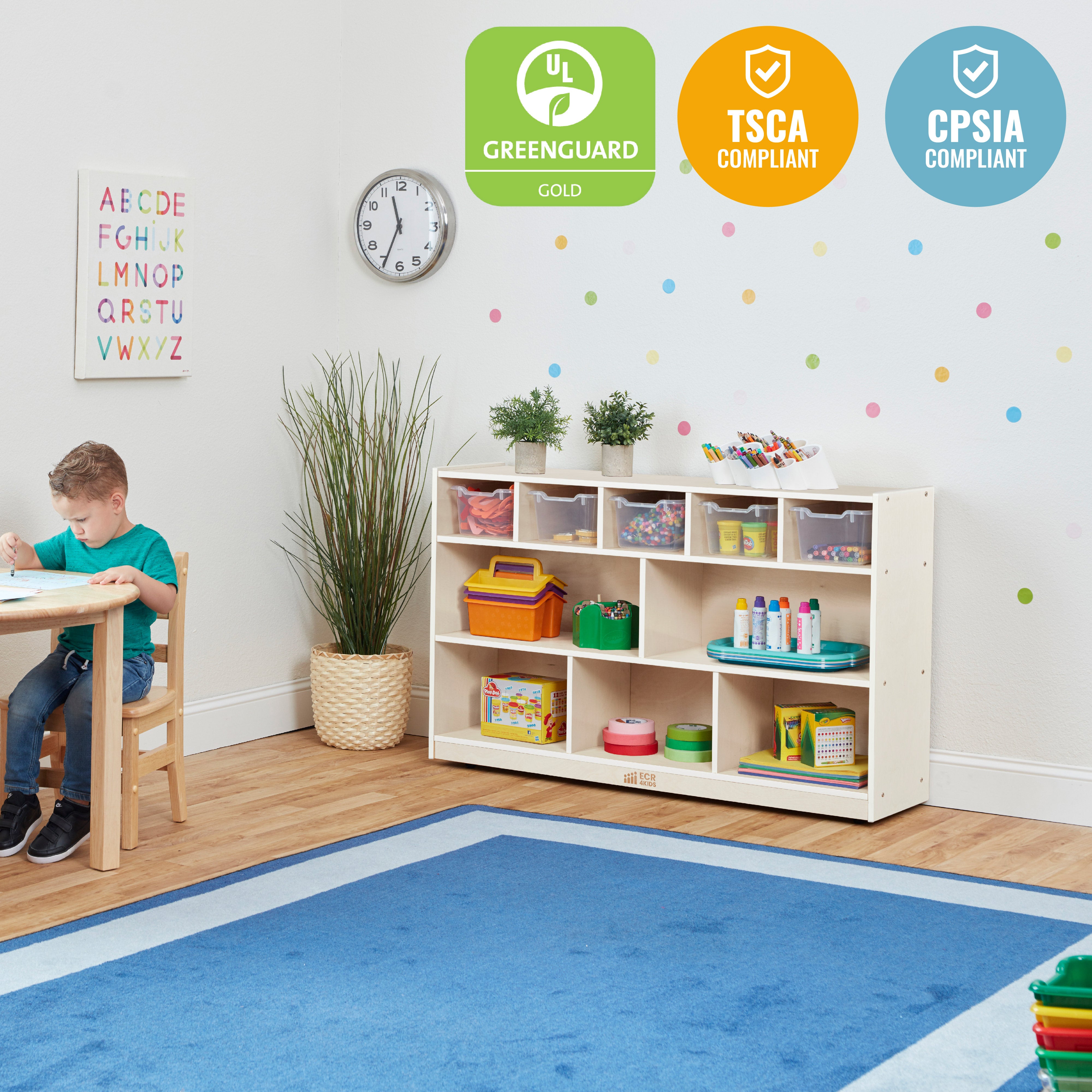 5+5 Mobile Storage and Tray Cabinet with 5 Scoop Front Bins, White Wash