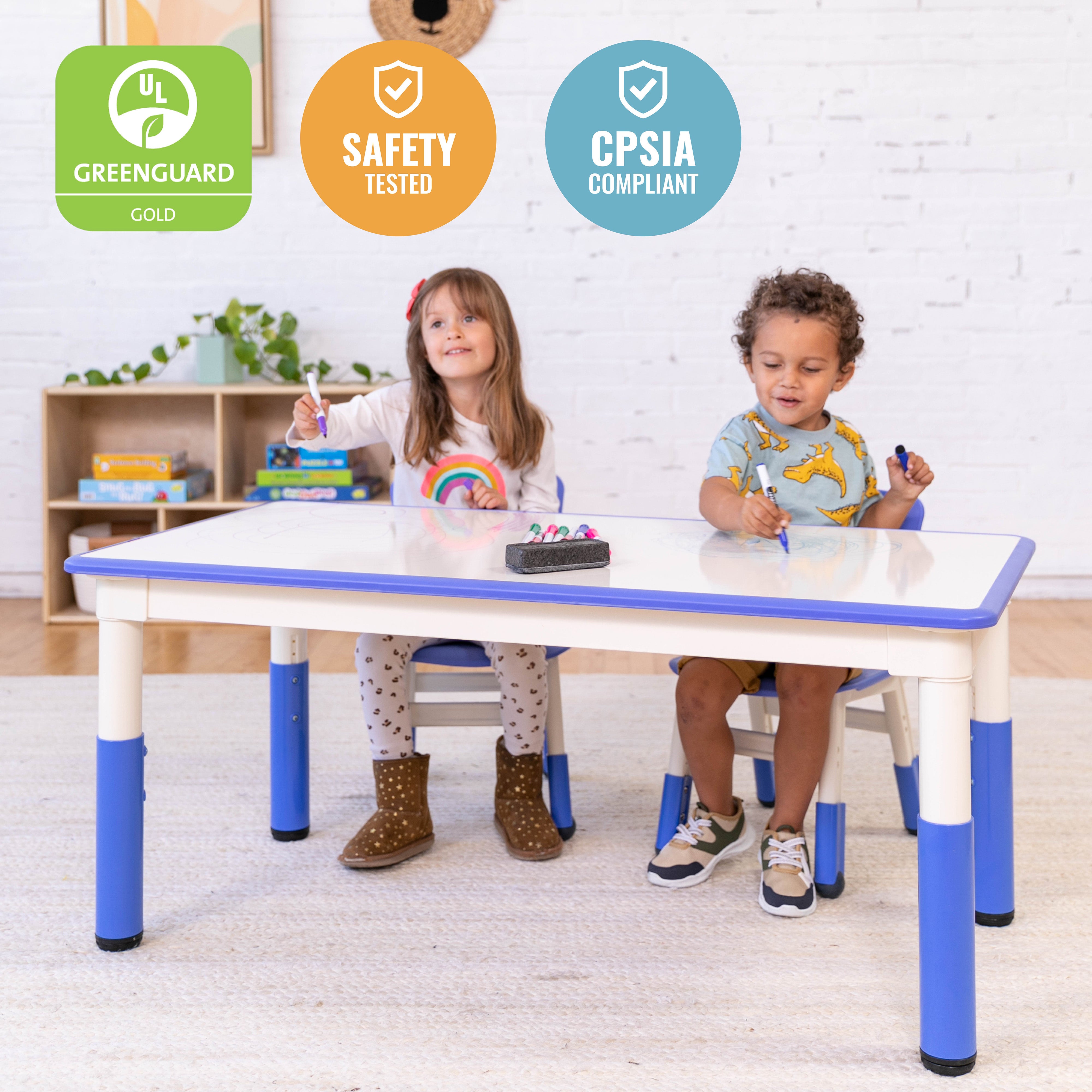 Dry-Erase Rectangular Activity Table with 2 Chairs, Adjustable, 3-Piece