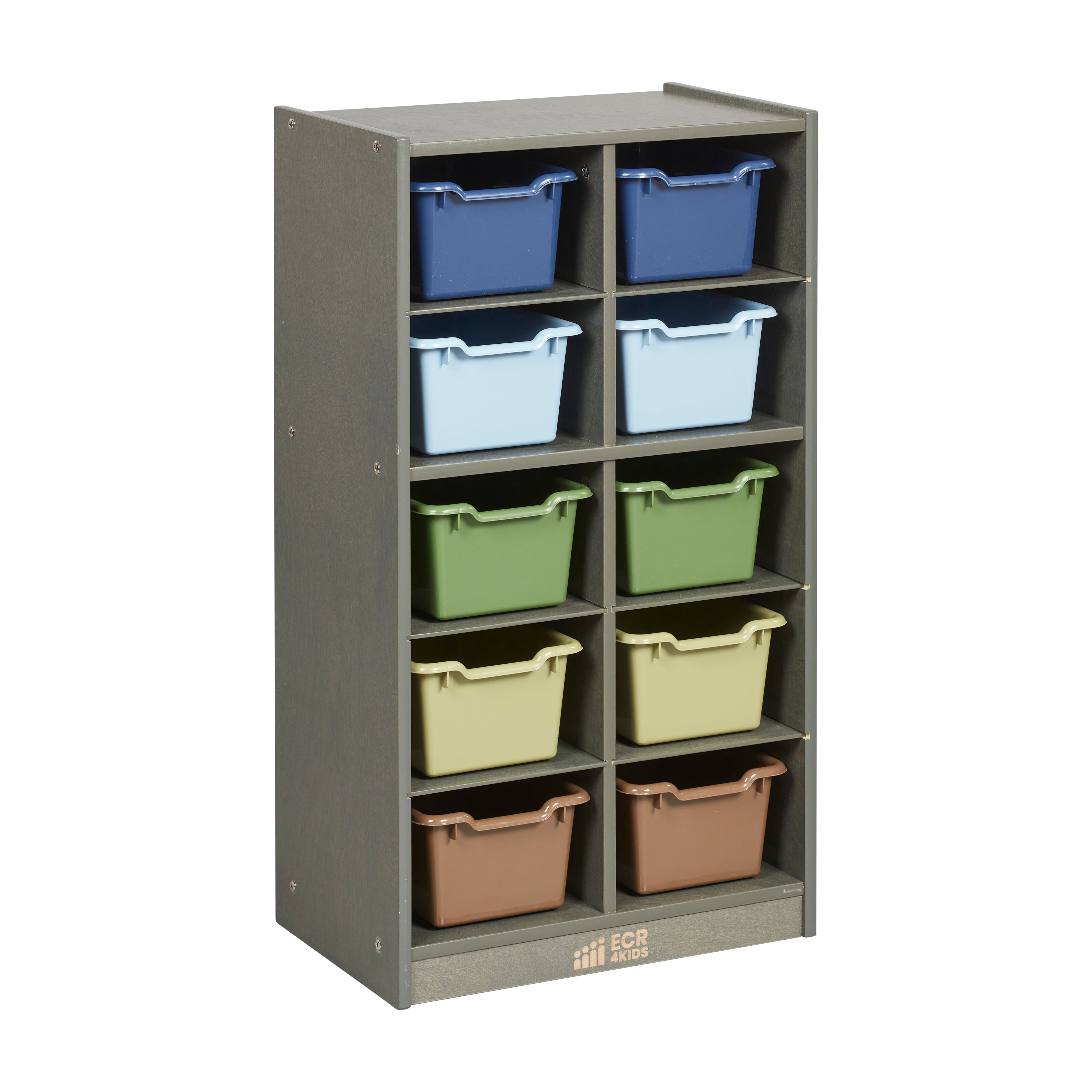 10 Cubby Mobile Tray Cabinet with 10 Scoop Front Storage Bins, 5x2, Grey Wash