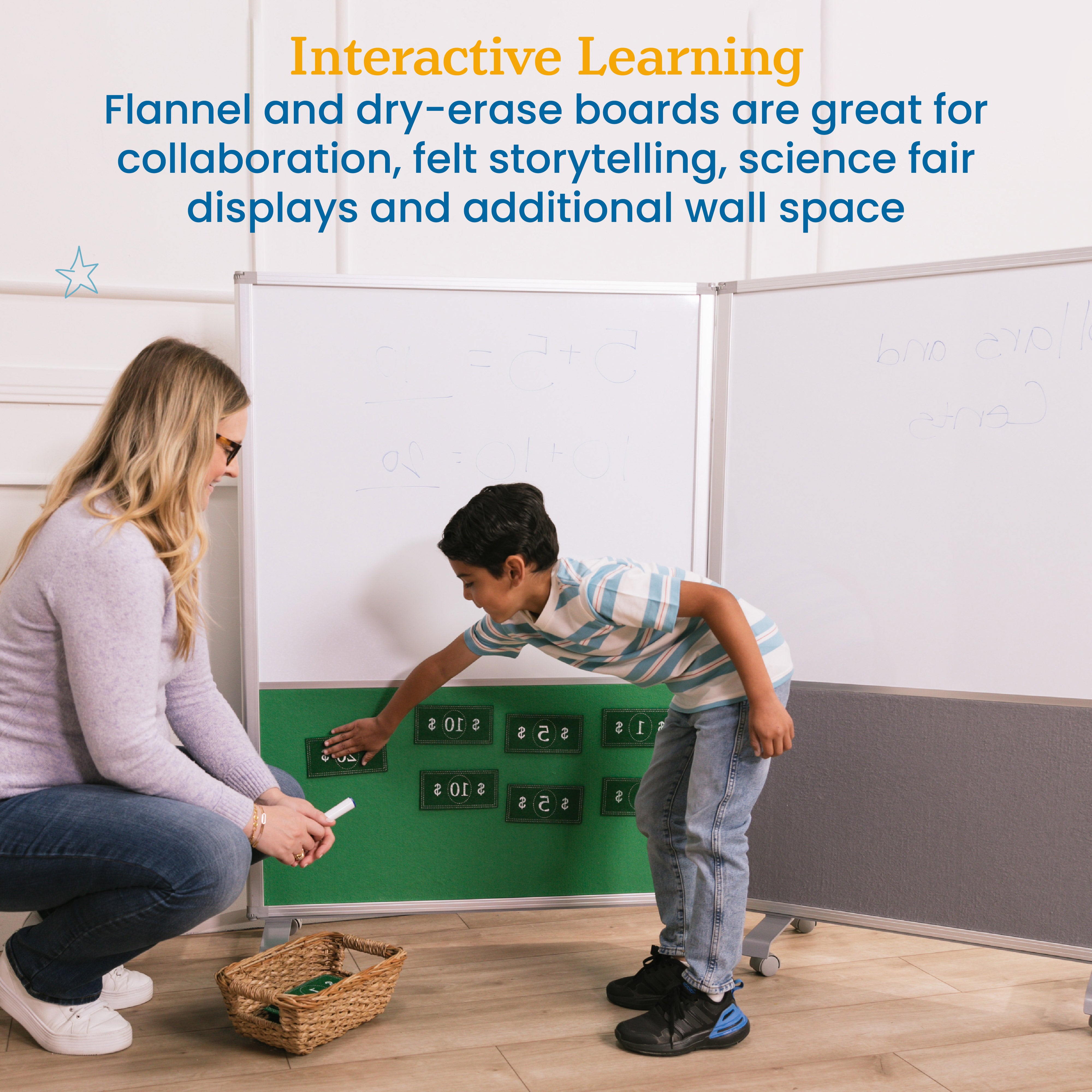 Mobile Dry-Erase and Flannel Split Room Divider, 3-Panel