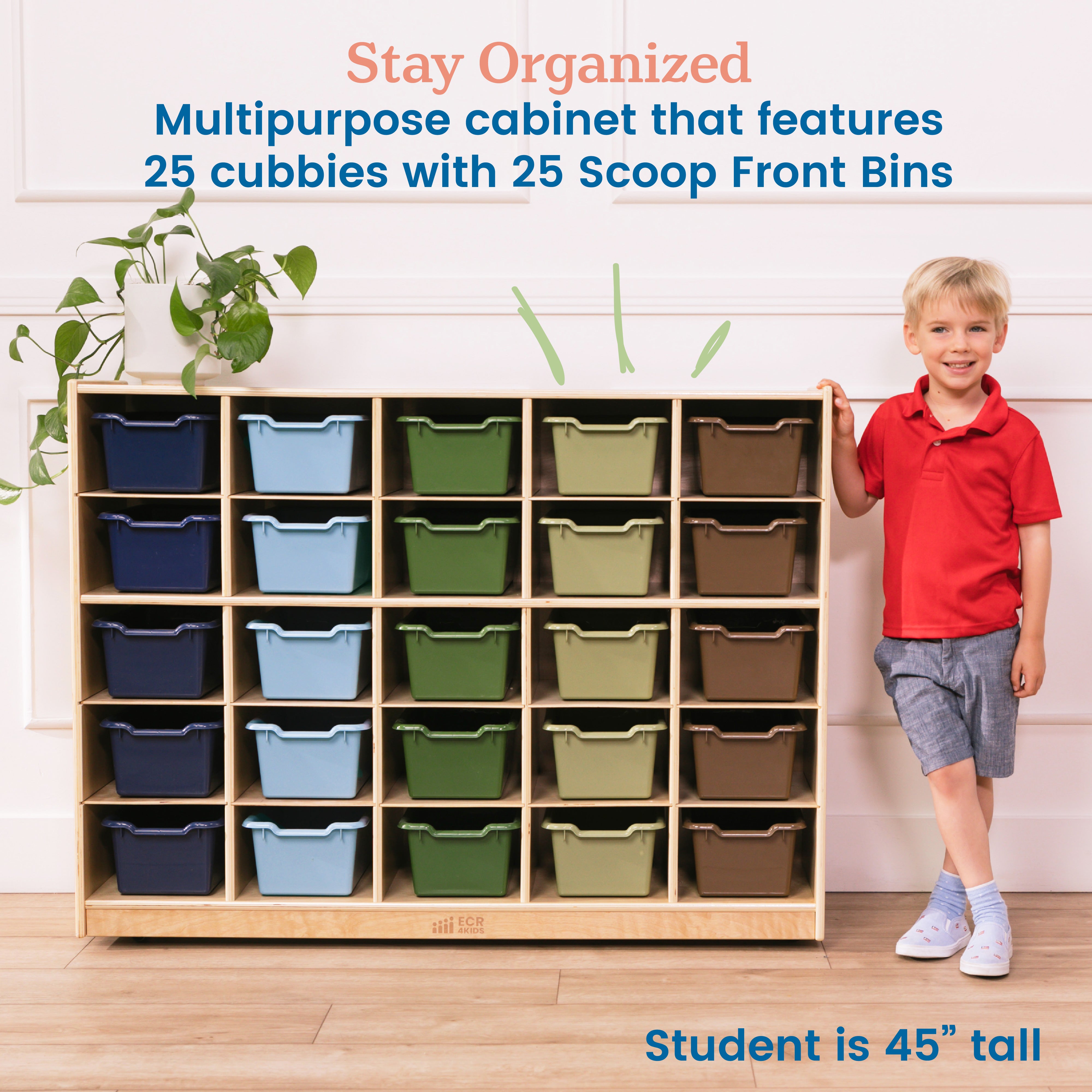 25 Cubby Mobile Tray Cabinet with Scoop Front Storage Bins, Natural