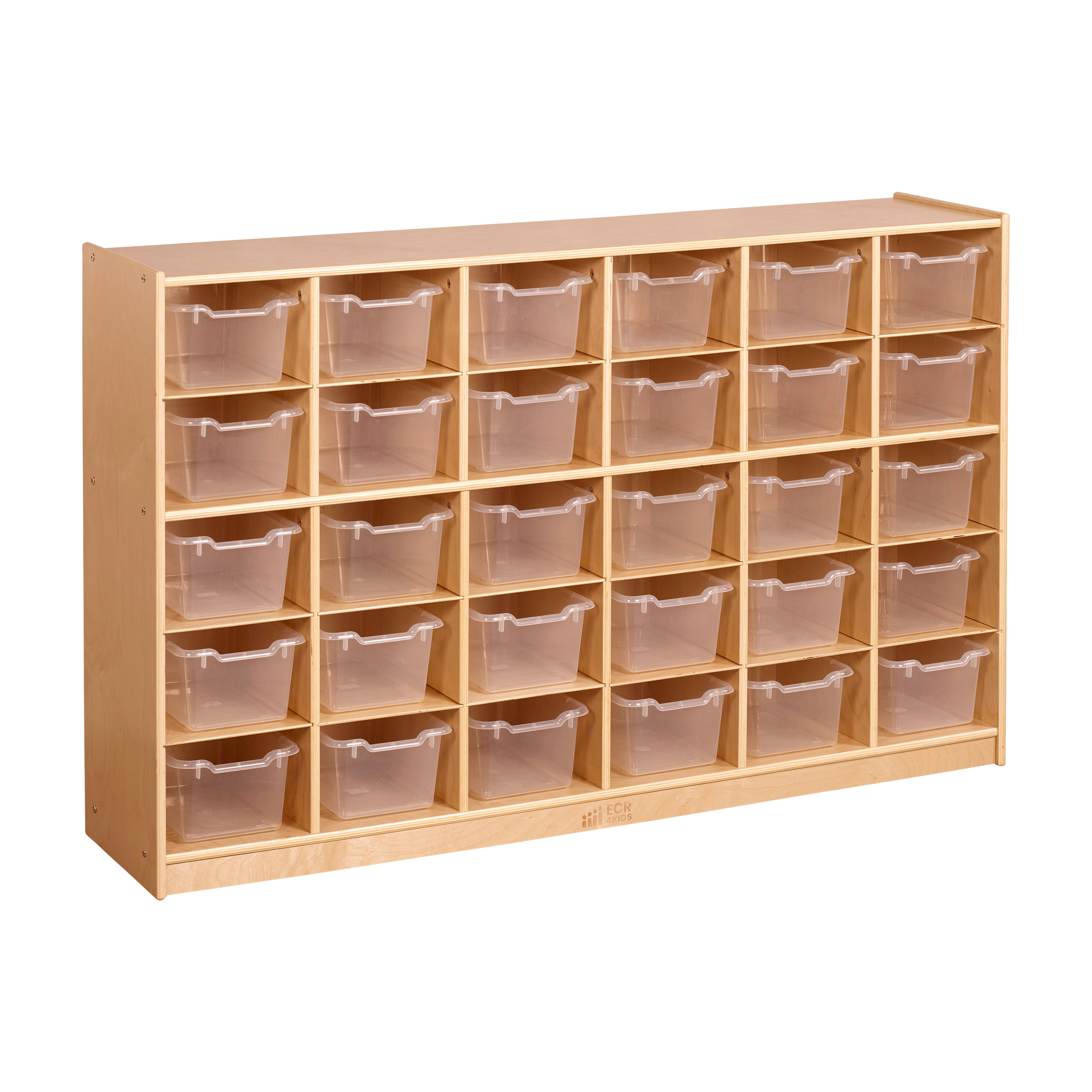 30 Cubby Mobile Tray Cabinet with 30 Scoop Front Storage Bins, 5x6, Natural