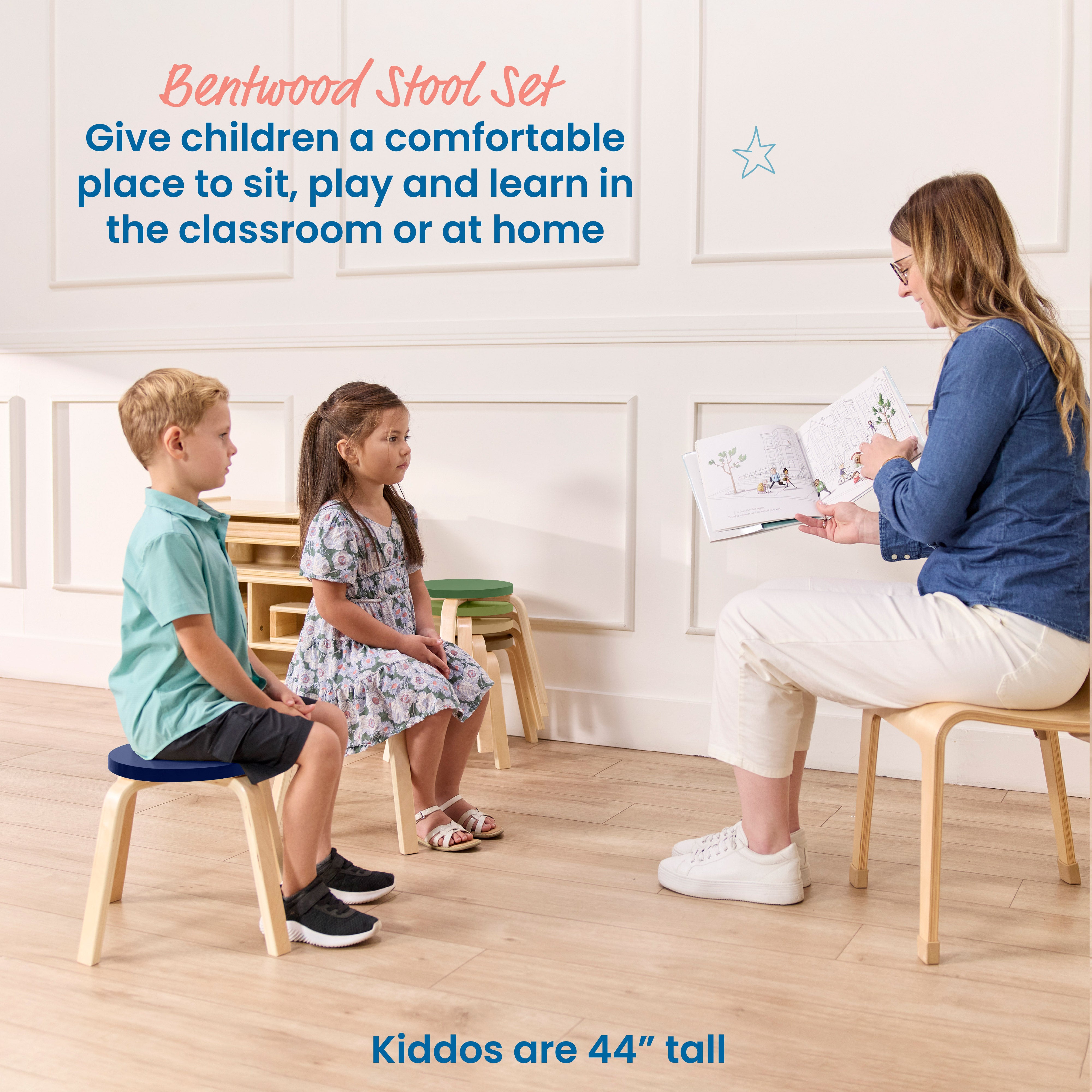 Bentwood Stackable Stools, 12in Seat Height, 6-Piece