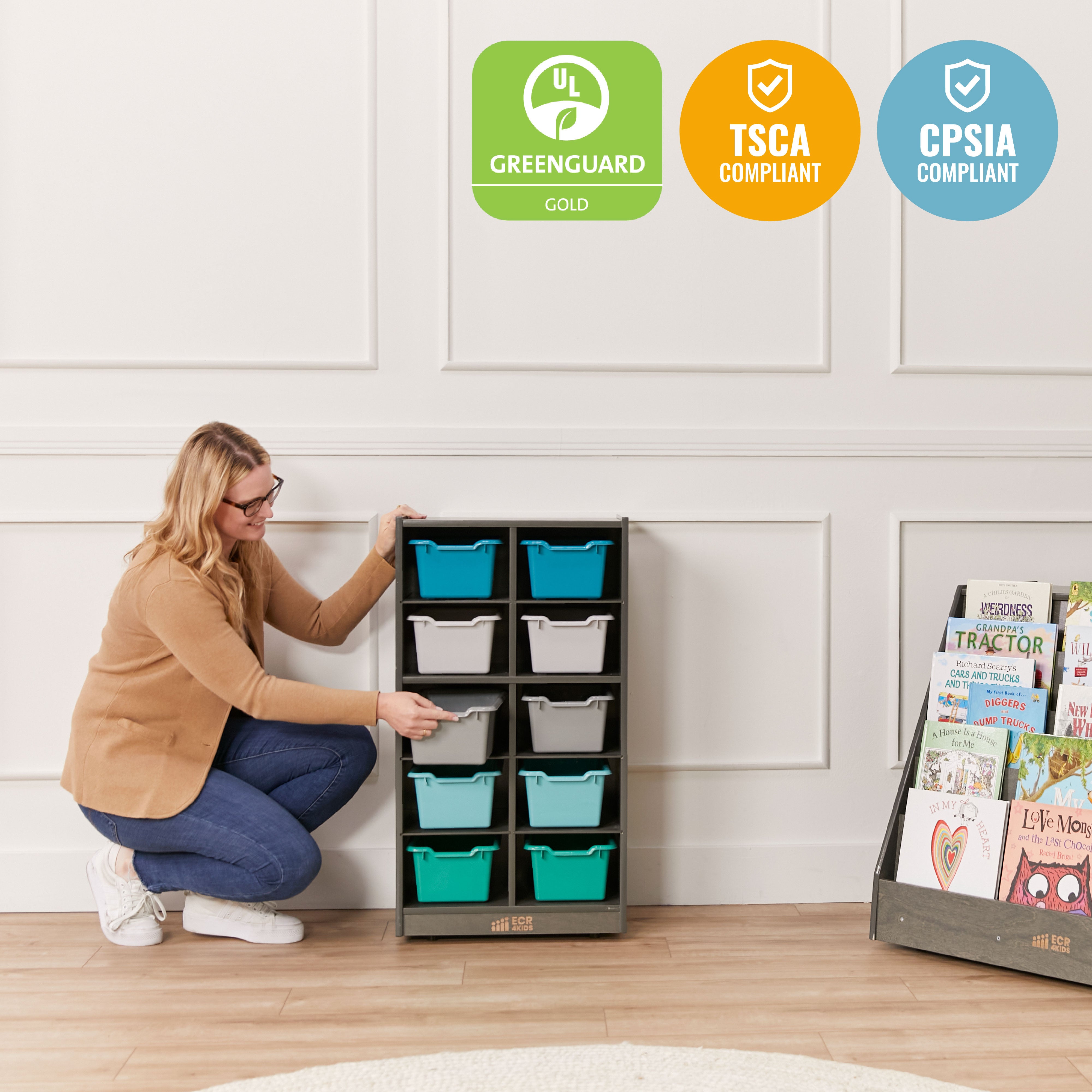 10 Cubby Mobile Tray Cabinet with 10 Scoop Front Storage Bins, 5x2, Grey Wash