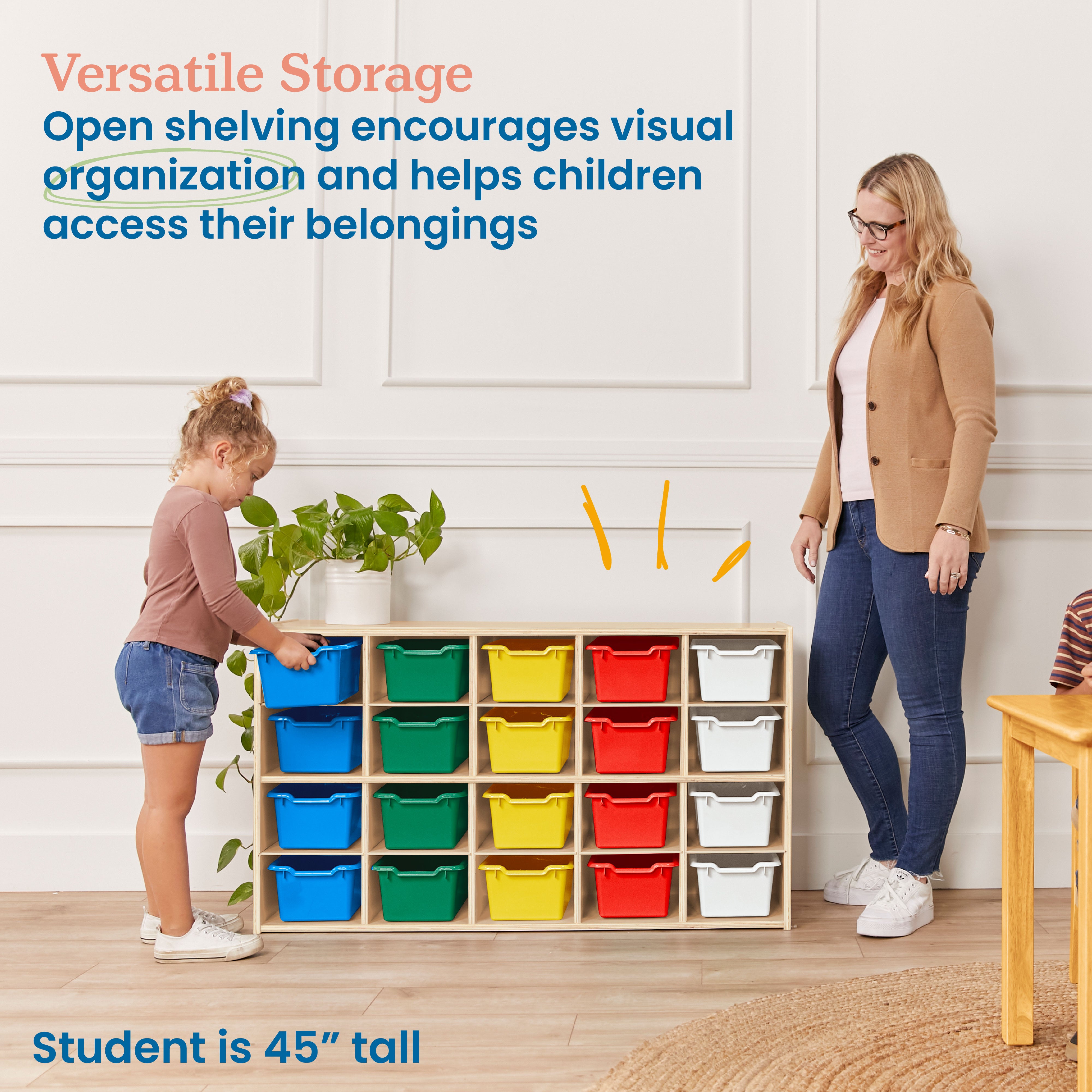 Streamline 20 Cubby Tray Storage Cabinet with 20 Scoop Front Storage Bins, 4x5, Natural