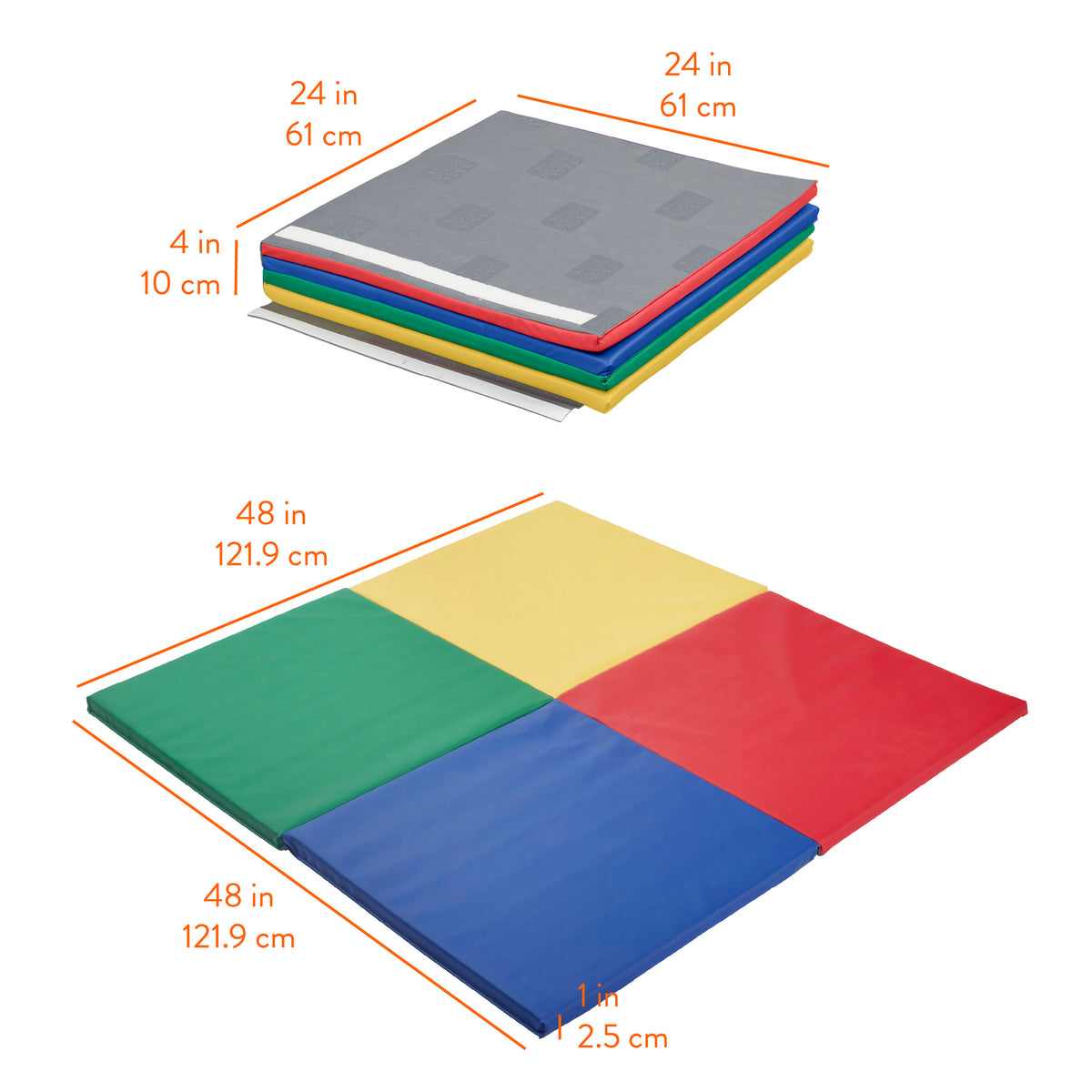 Foldable play mat with four colored sections (green, yellow, red, blue) in unfolded position, shown stacked in folded form ab