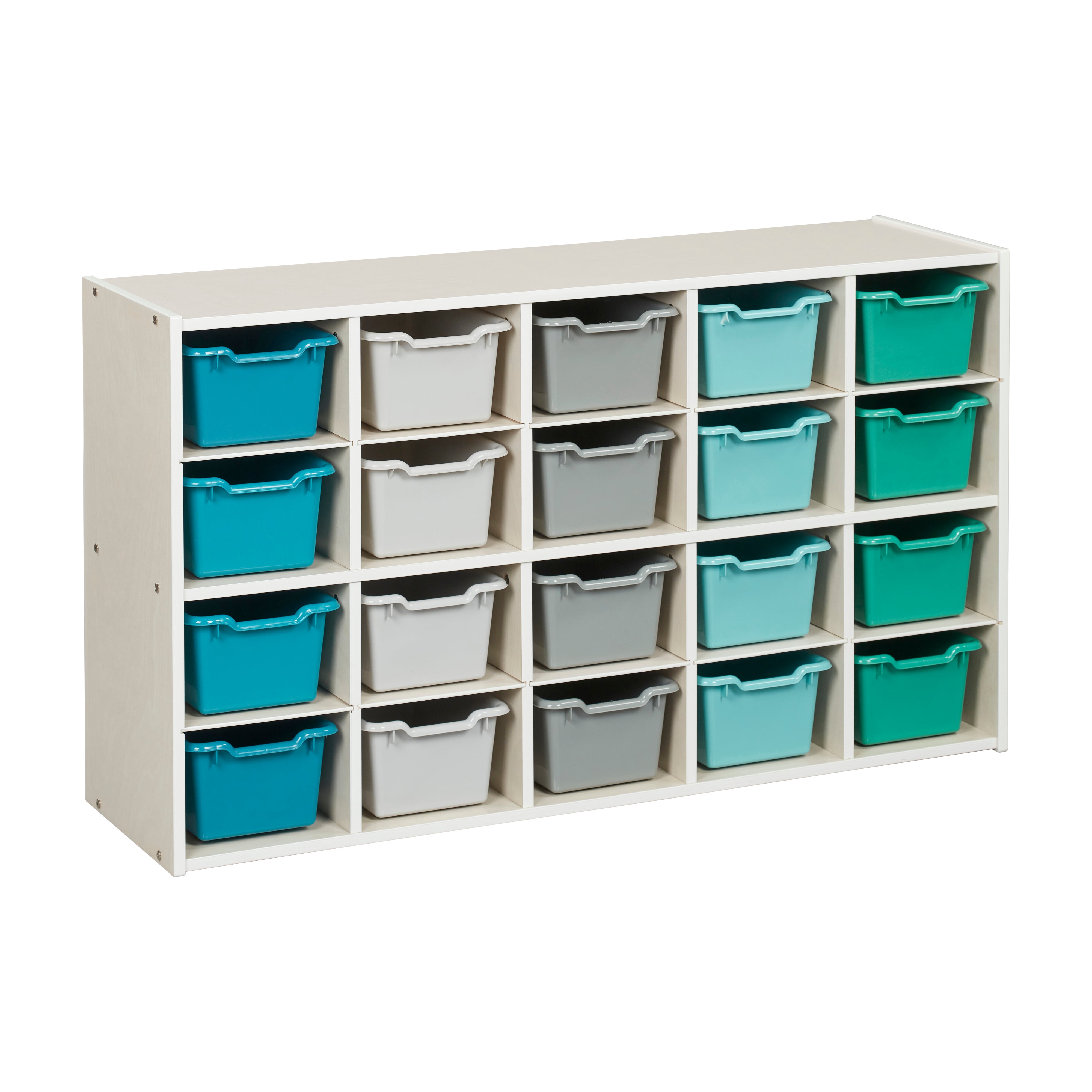 Streamline 20 Cubby Tray Storage Cabinet with 20 Scoop Front Storage Bins, 4x5, White Wash