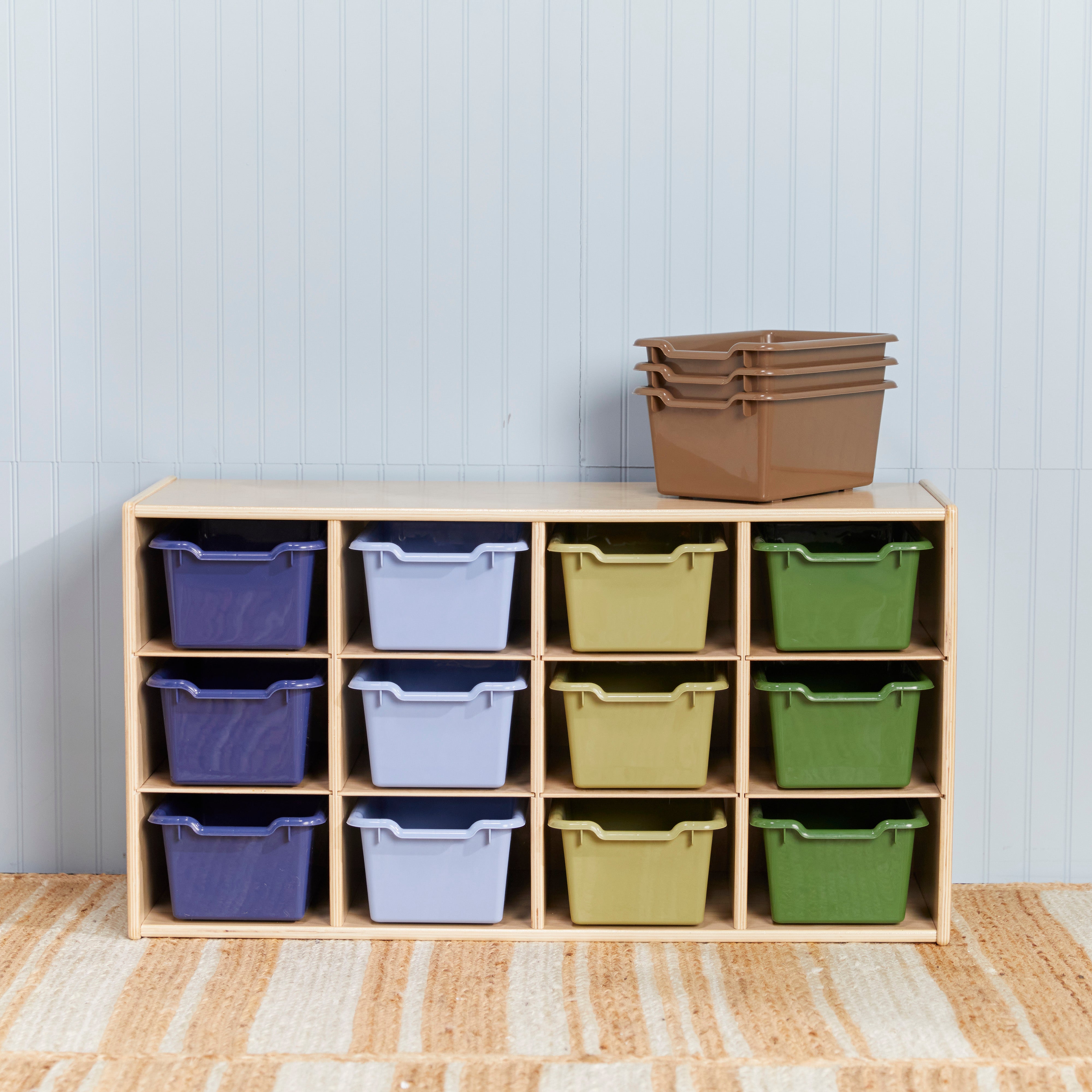 Streamline 12 Cubby Tray Cabinet with 15 Scoop Front Storage Bins, 3x4, Natural