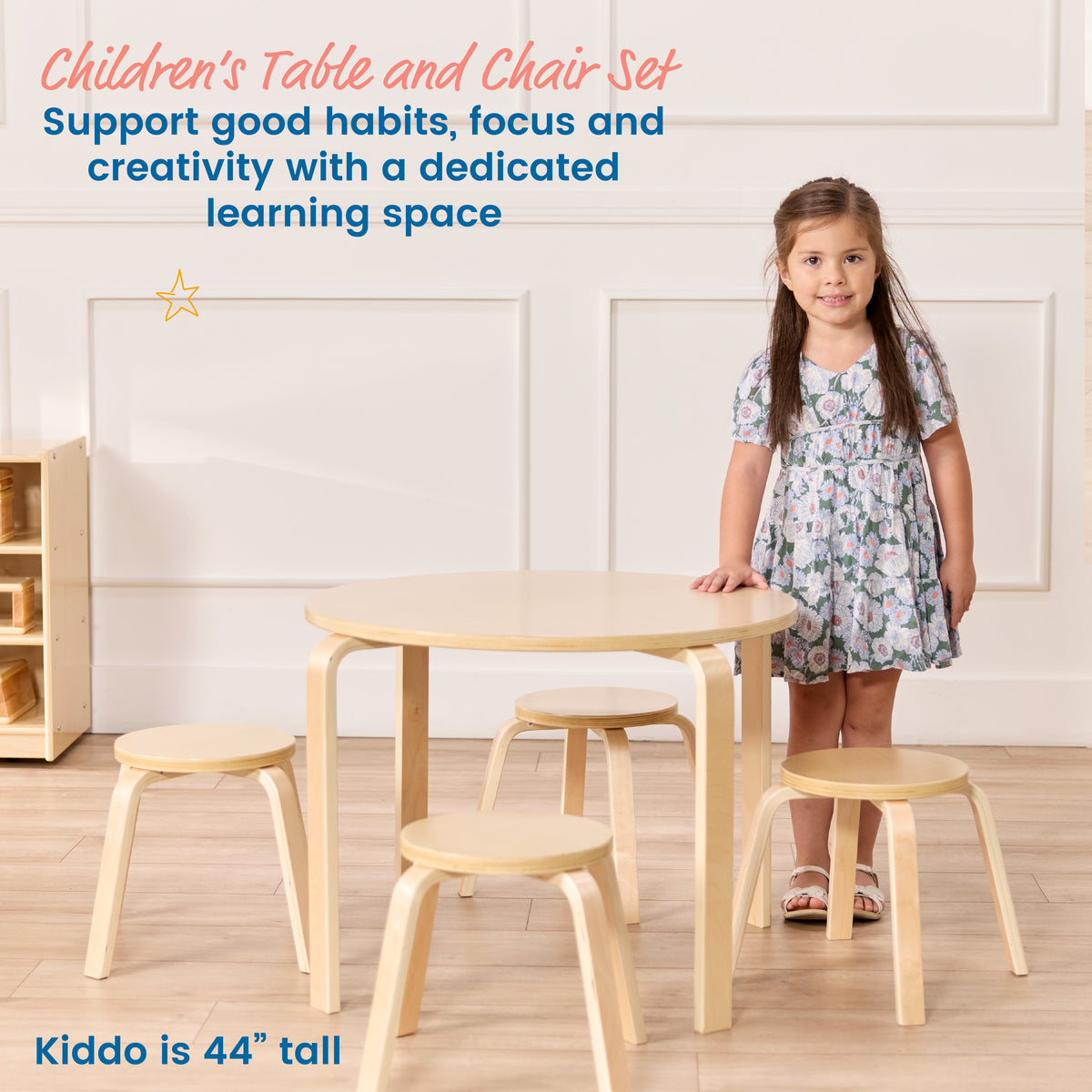 Round Bentwood Table and Four Stools, 12in Seat Height, 5-Piece