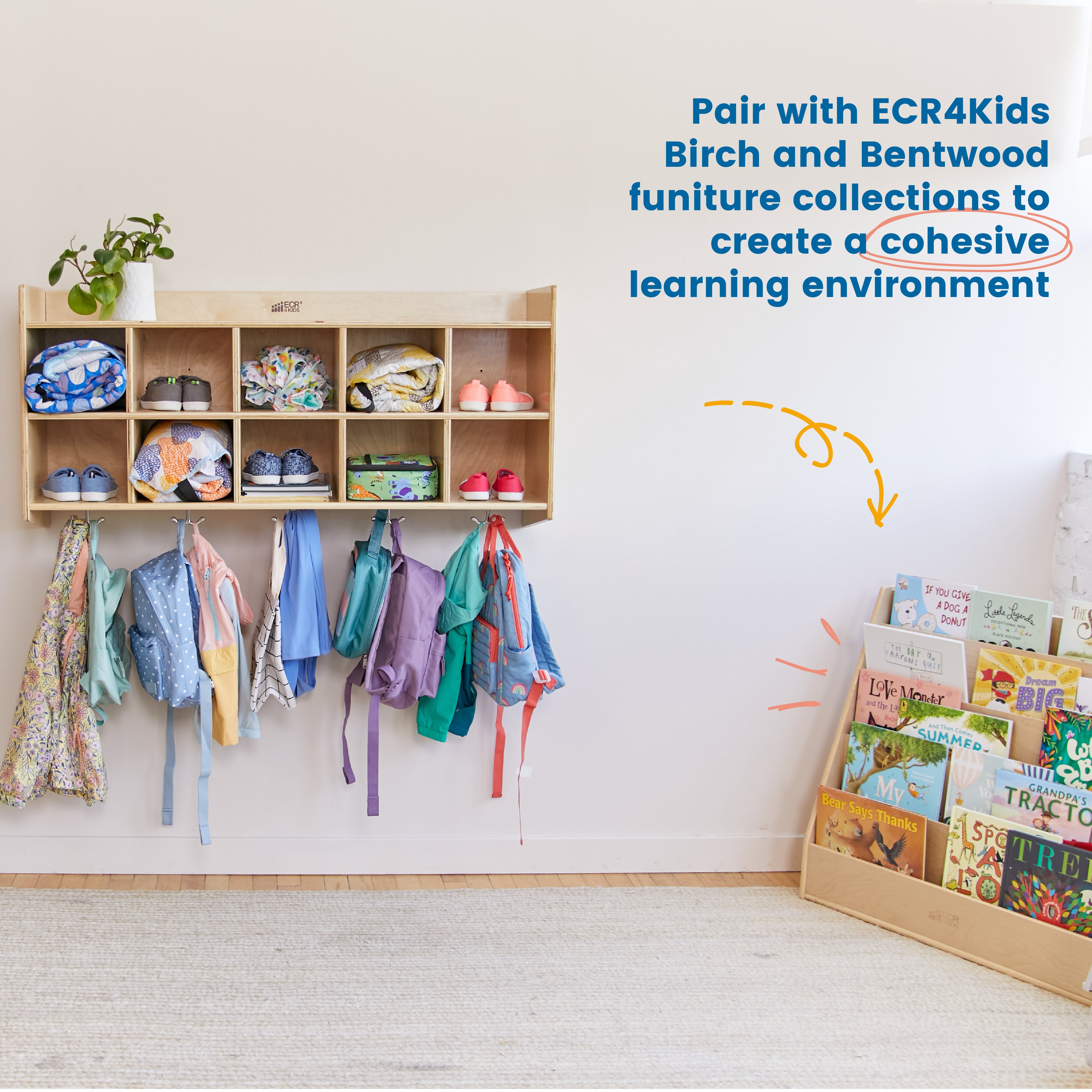 10-Section Hanging Coat Locker with Shelf and Scoop Front Storage Bins, Natural