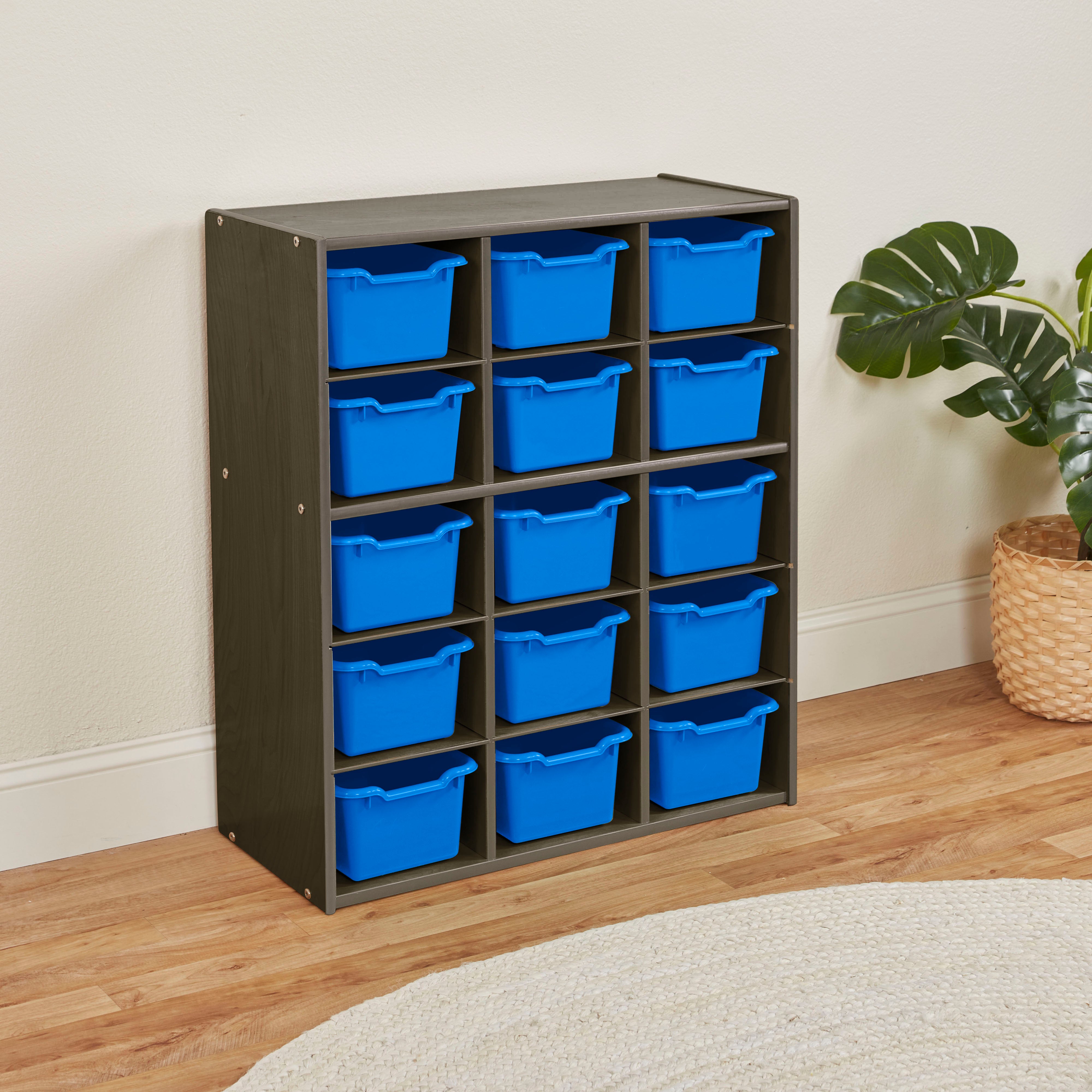 Streamline 15 Cubby Tray Cabinet with 15 Scoop Front Storage Bins, 5x3, Grey Wash