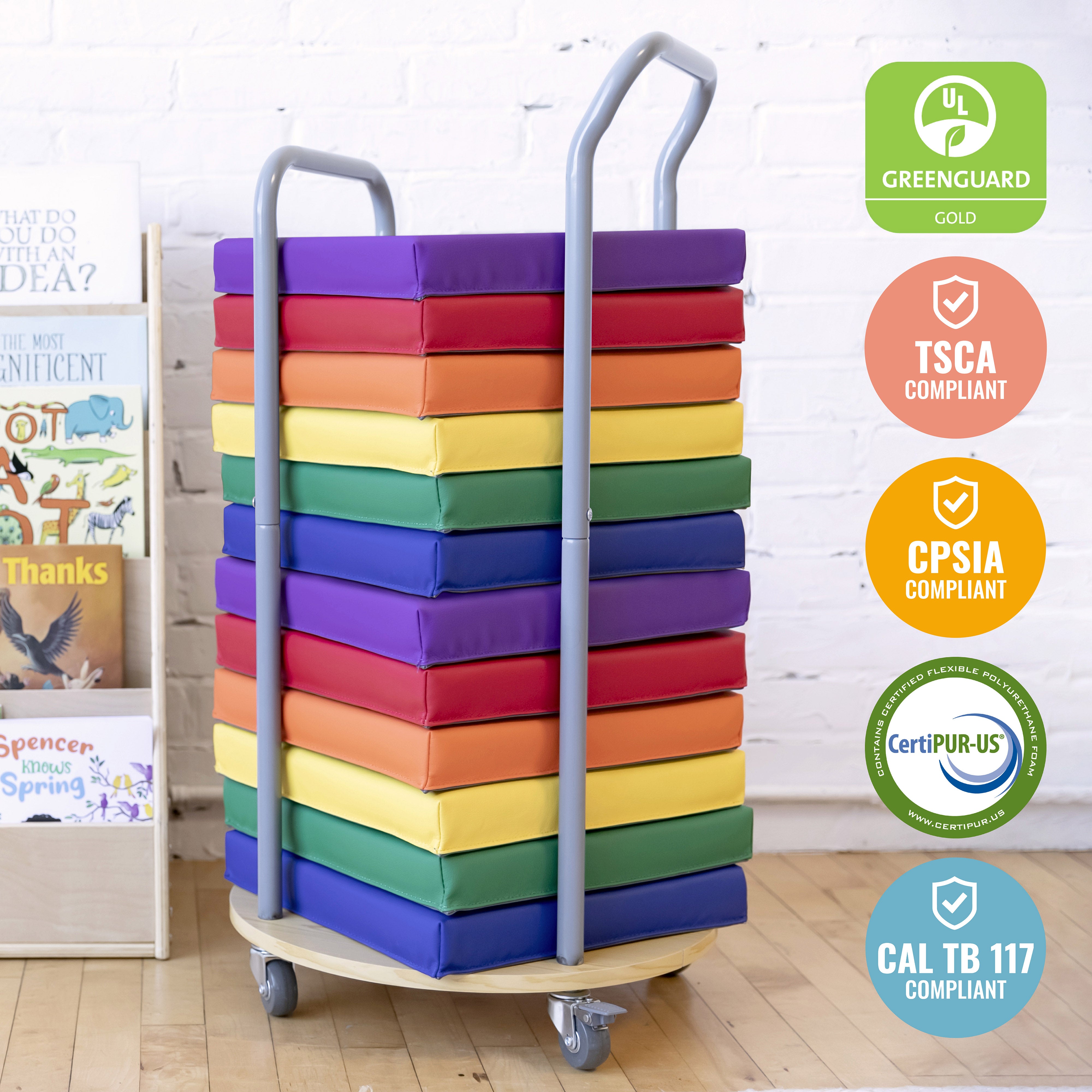 Square Floor Cushions and Mobile Cushion Cart, 12-Piece