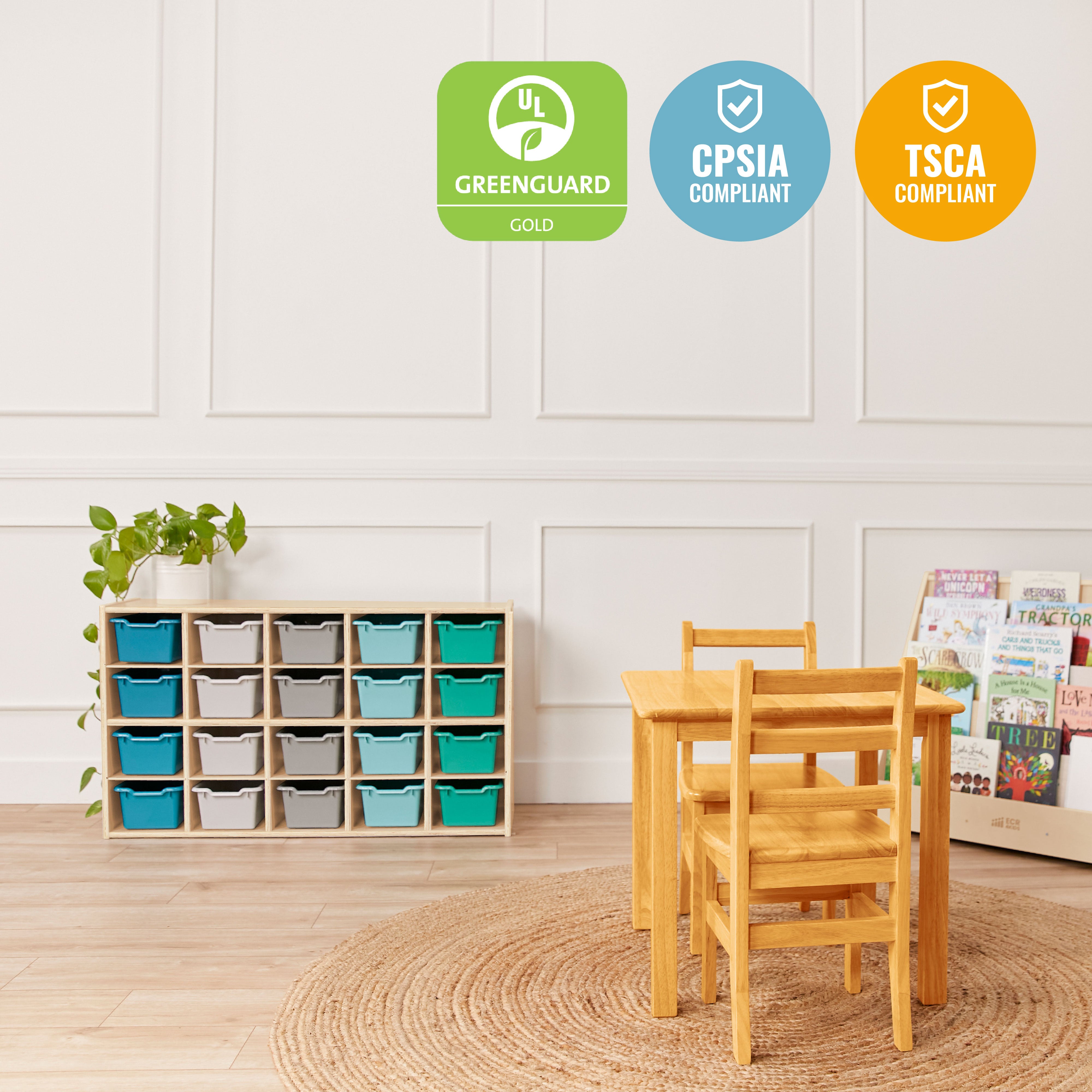 Streamline 20 Cubby Tray Storage Cabinet with 20 Scoop Front Storage Bins, 4x5, Natural