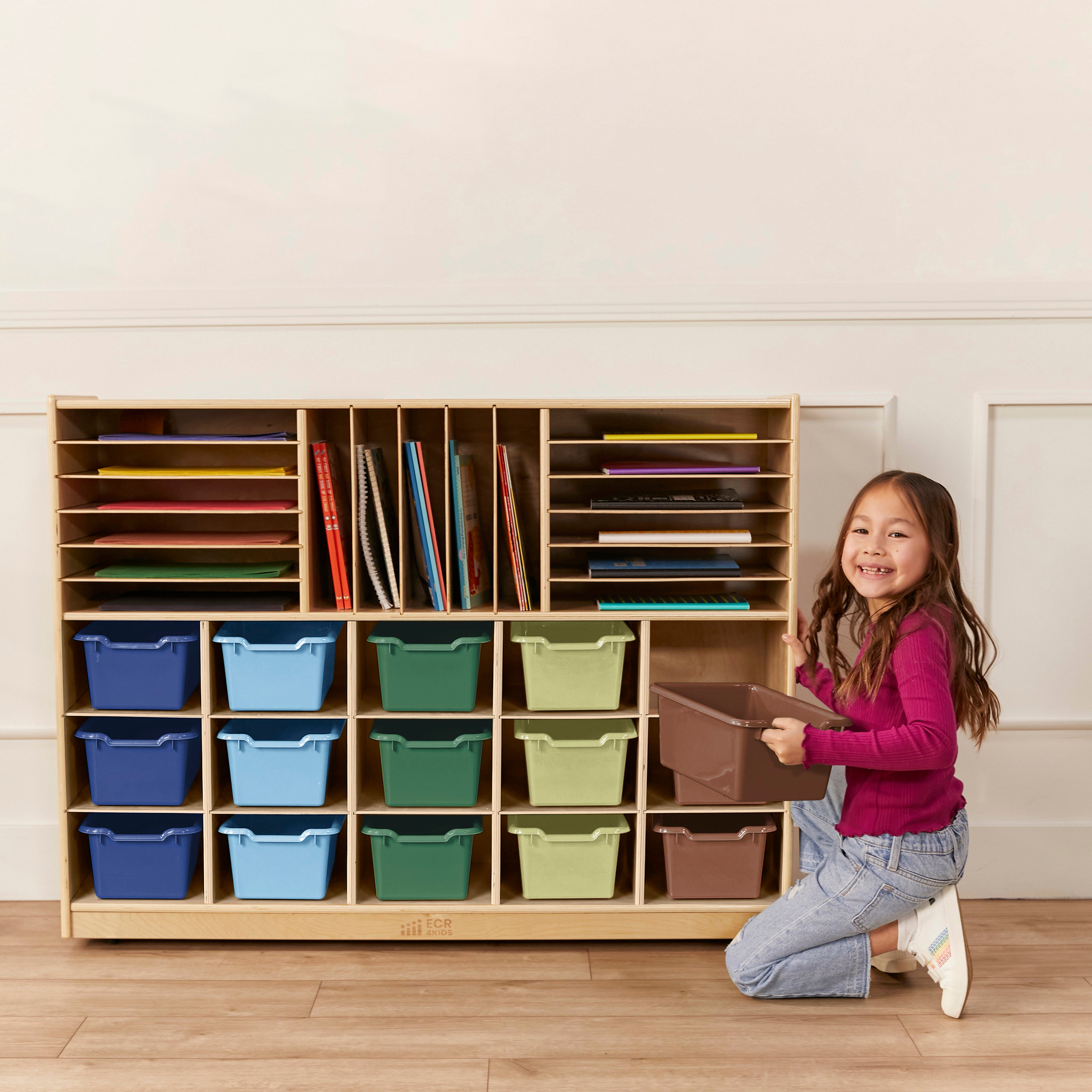 Multi-Section Mobile Cabinet with Scoop Front Storage Bins