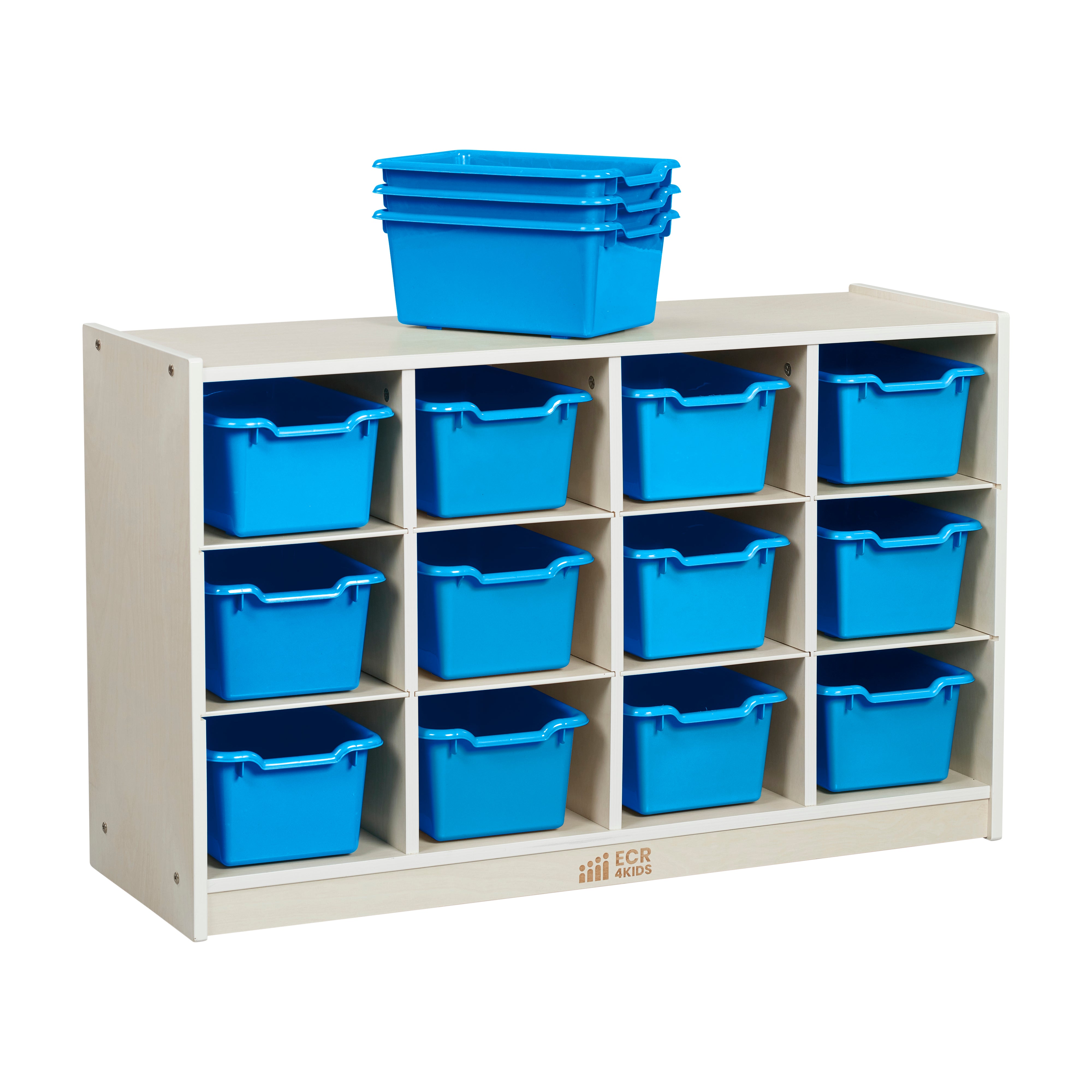 12 Cubby Mobile Tray Cabinet with 15 Scoop Front Storage Bins, 3x4, White Wash