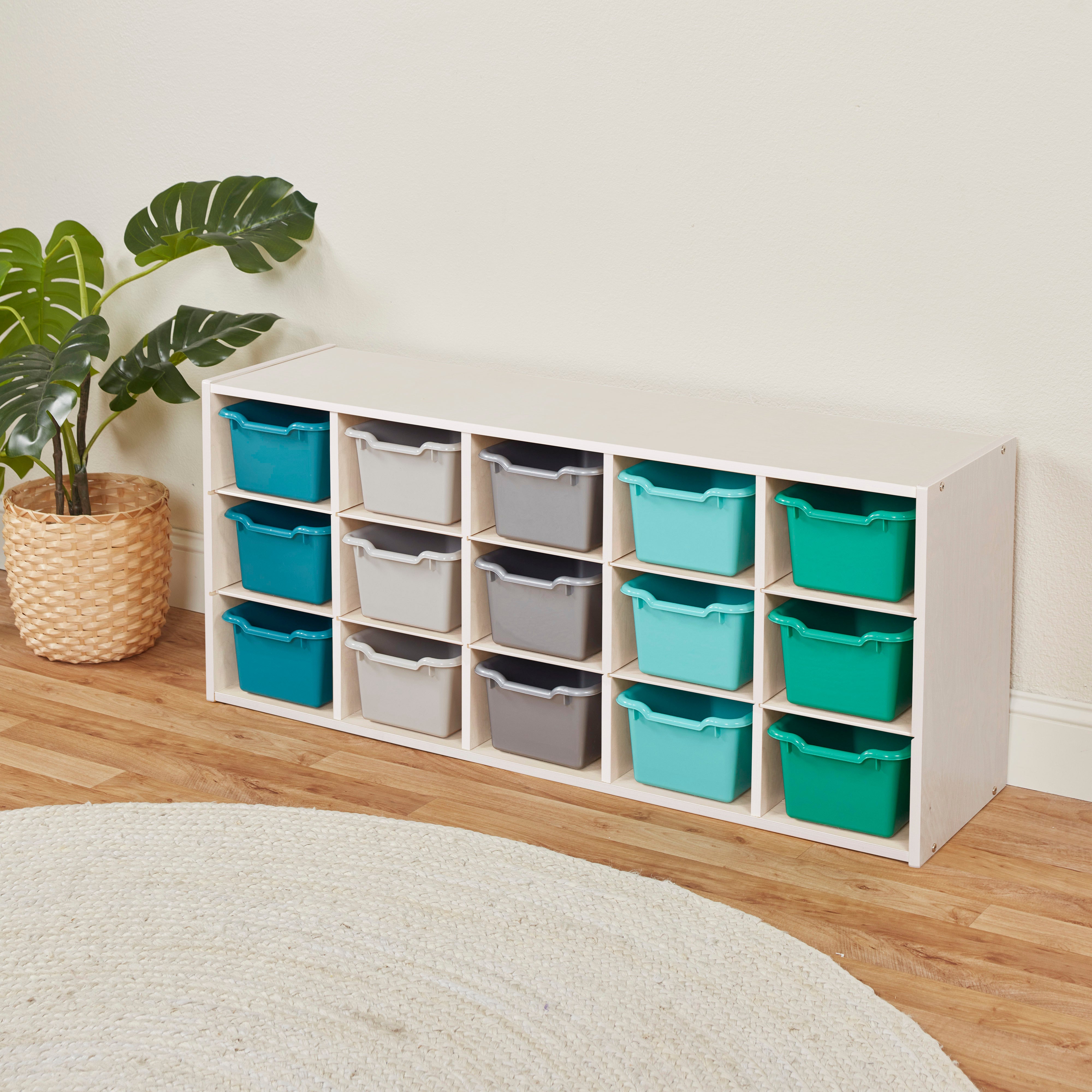 Streamline 15 Cubby Tray Cabinet with 15 Scoop Front Storage Bins, 3x5, White Wash