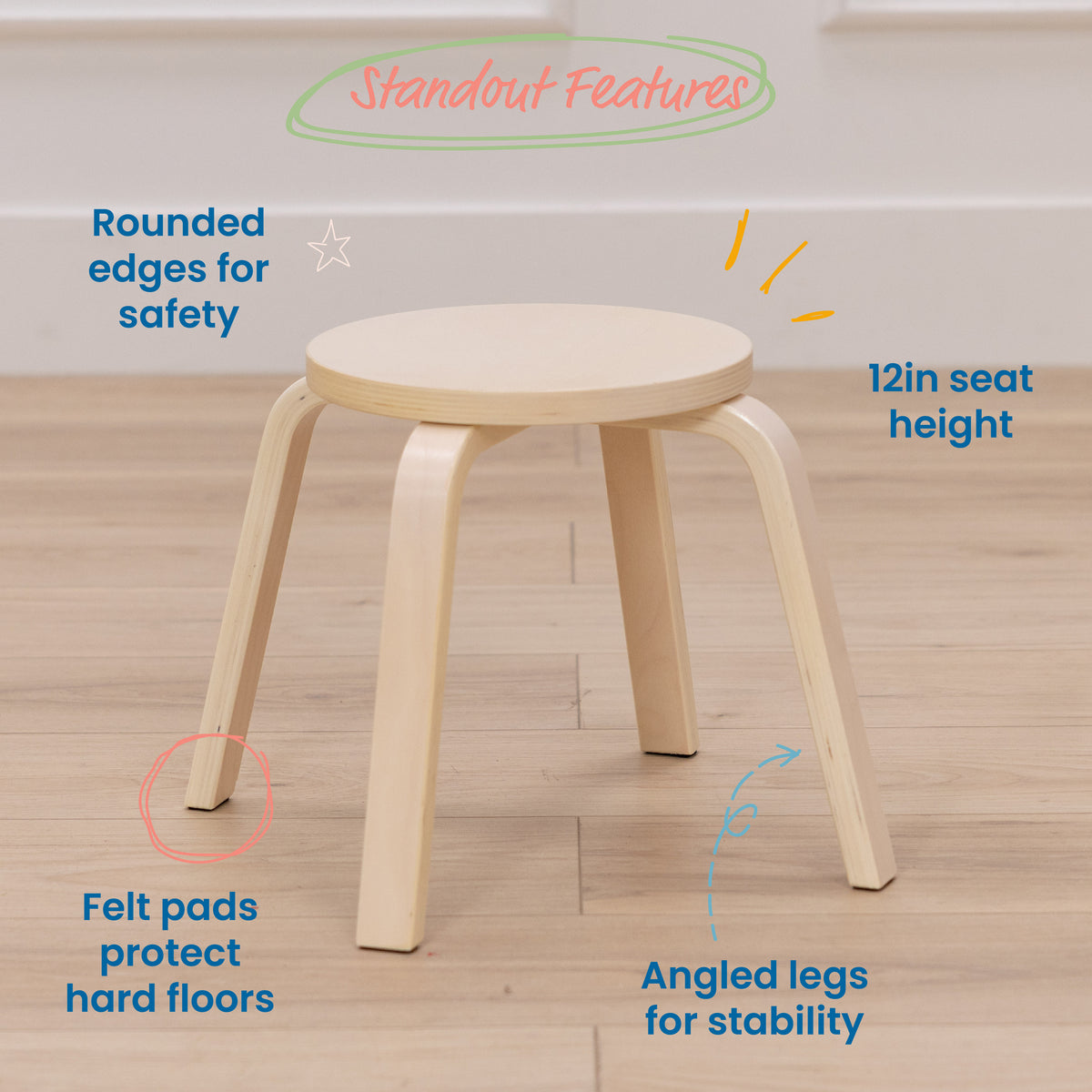 Bentwood Stackable Stools, 12in Seat Height, 6-Piece