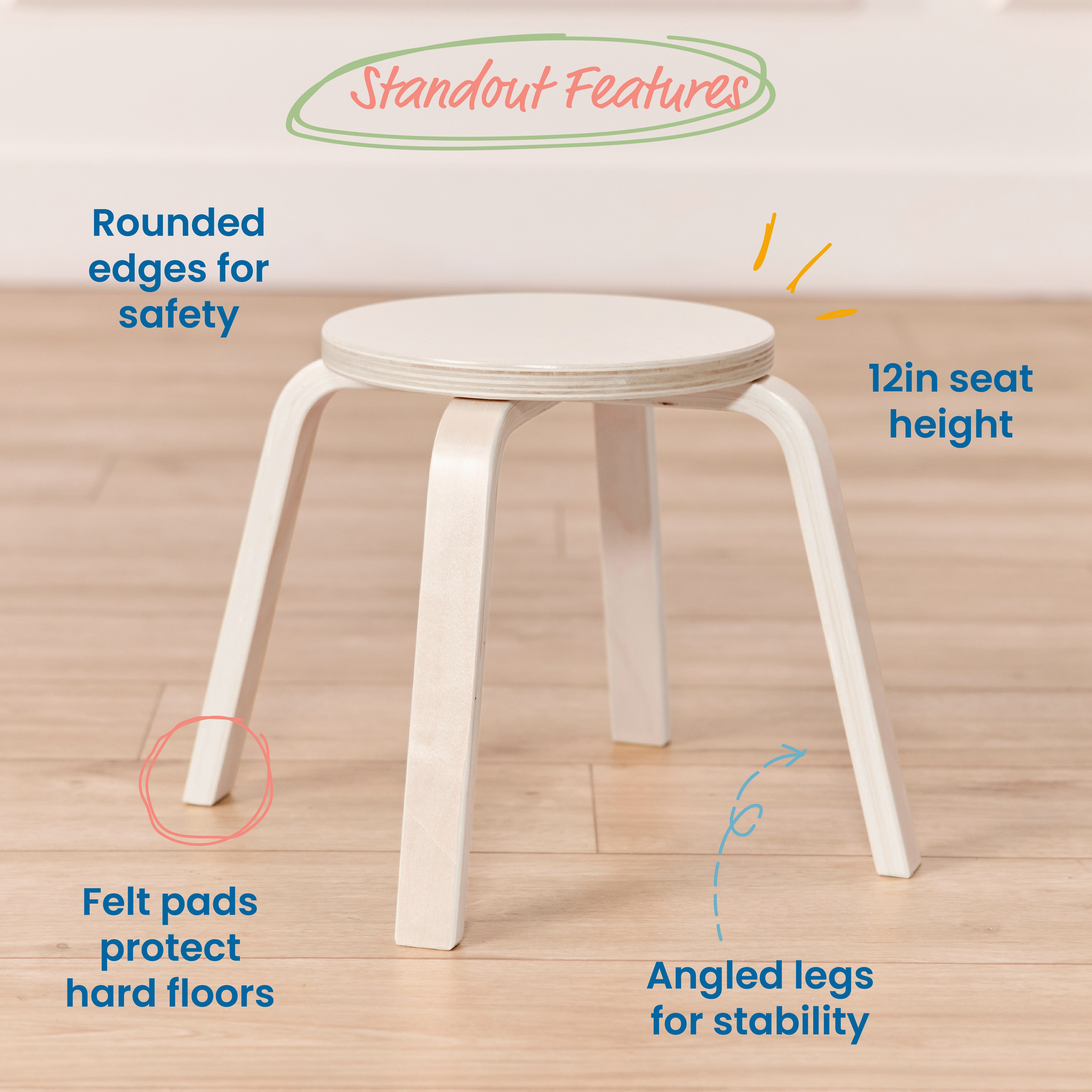 Bentwood Stackable Stools, 12in Seat Height, 6-Piece