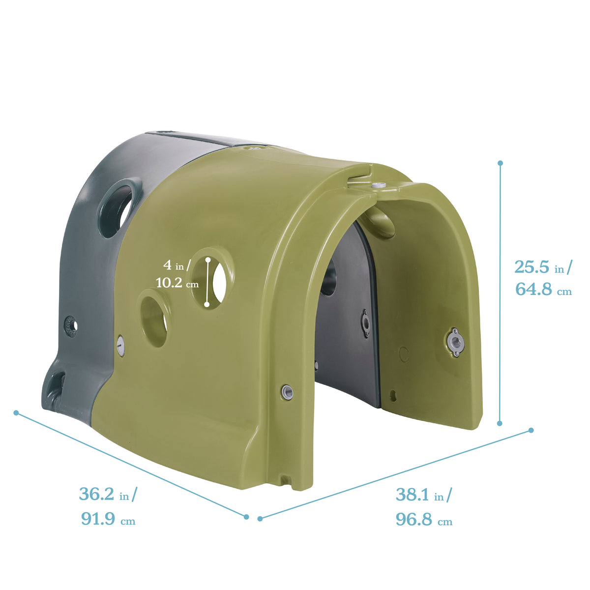 Bright blue plastic tunnel crawler with two connecting sections, circular openings, and metal fasteners visible.
