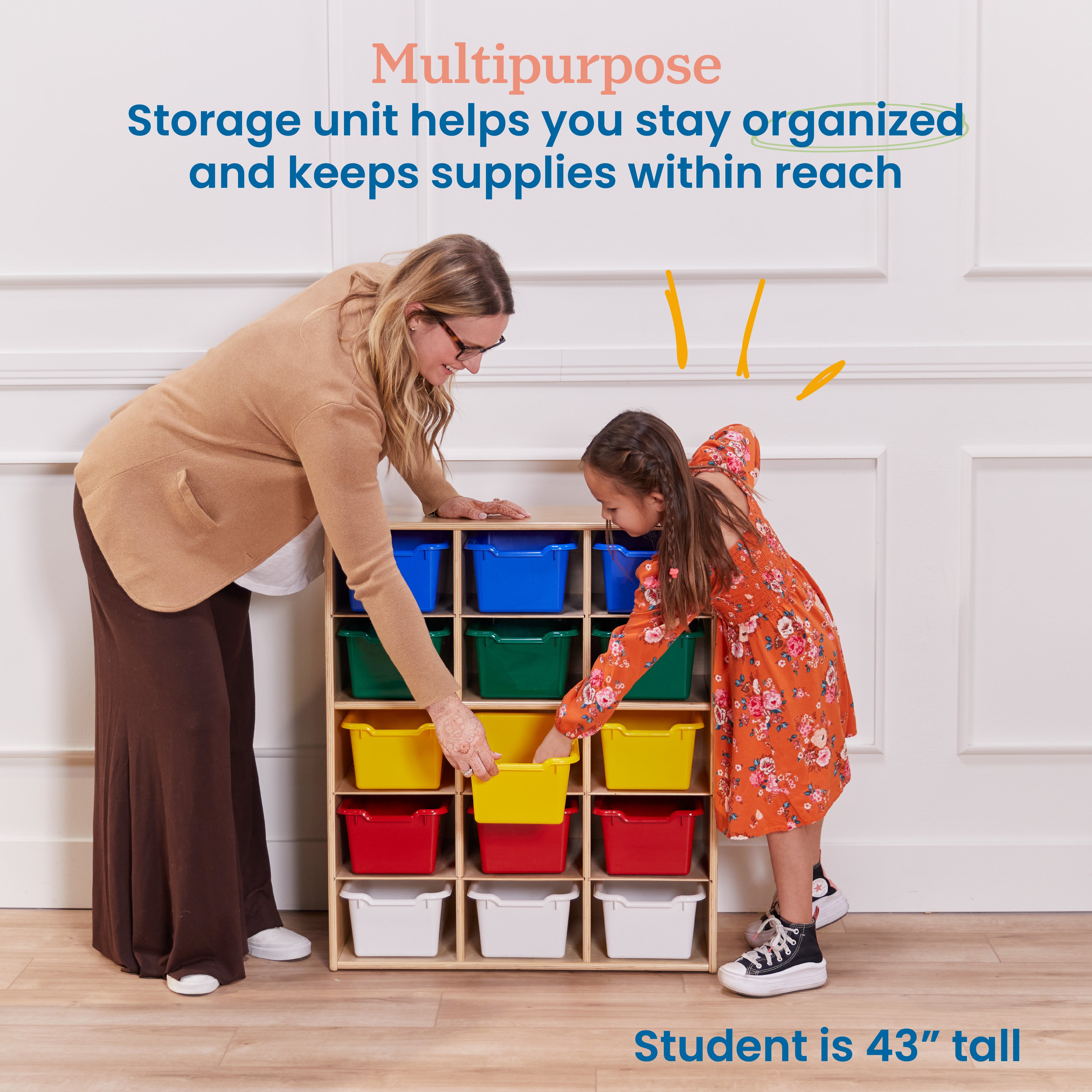 Streamline 15 Cubby Tray Cabinet with 15 Scoop Front Storage Bins, 5x3, Natural