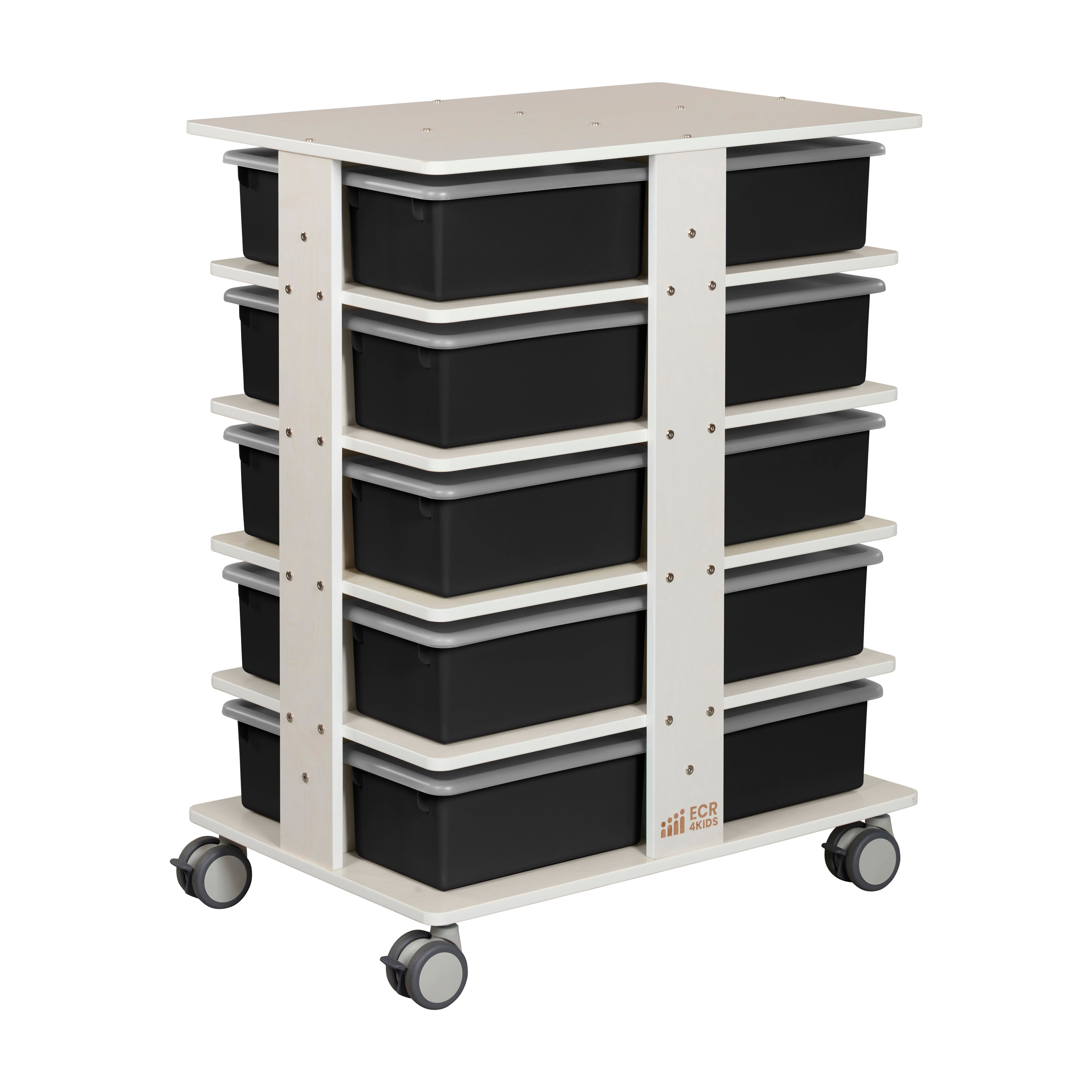 20-Compartment Mobile Storage Tower with Cubby Bins with Lids, 5x4, White Wash, Classroom Furniture