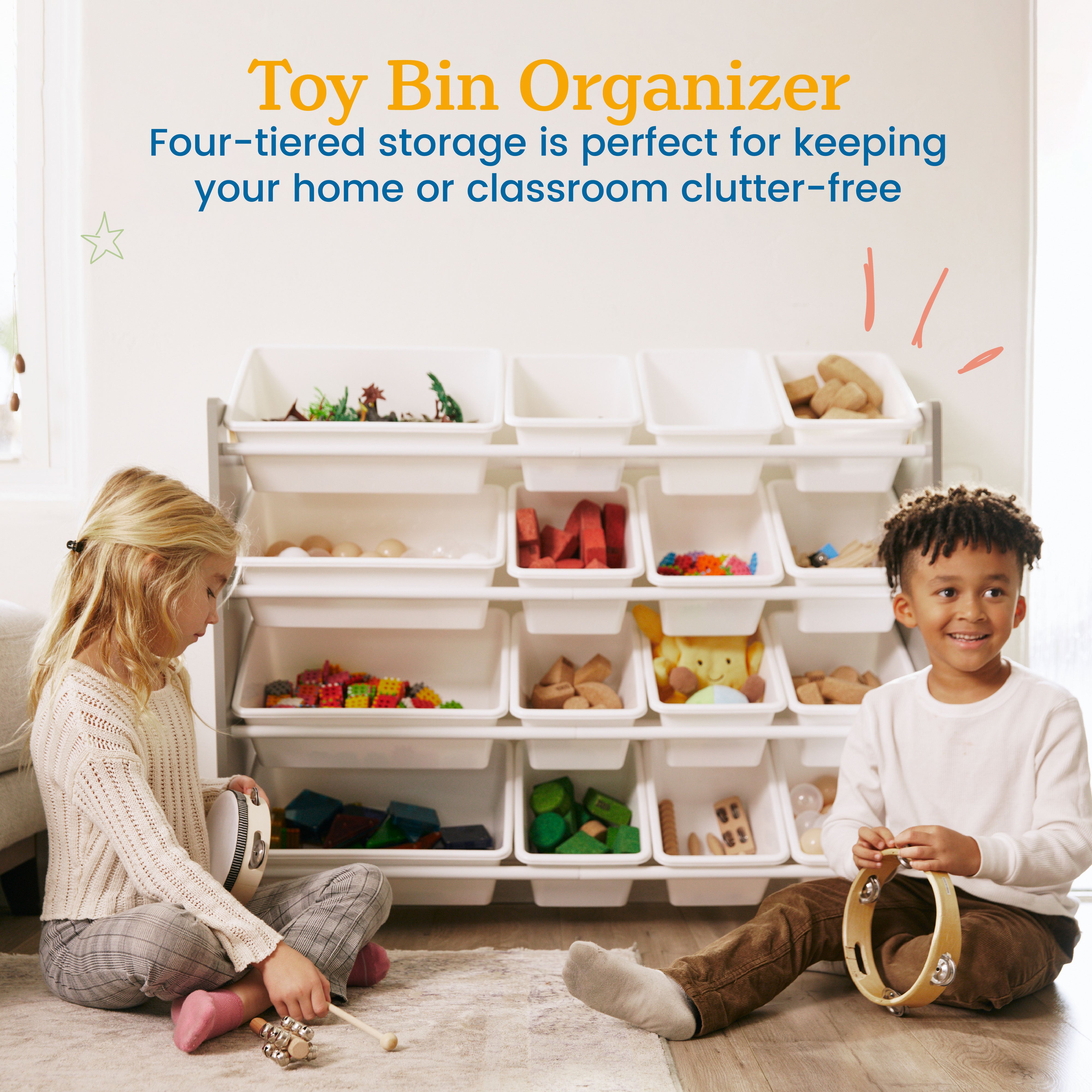 4-Tier Organizer with 16 Removable Plastic Bins, 4x4