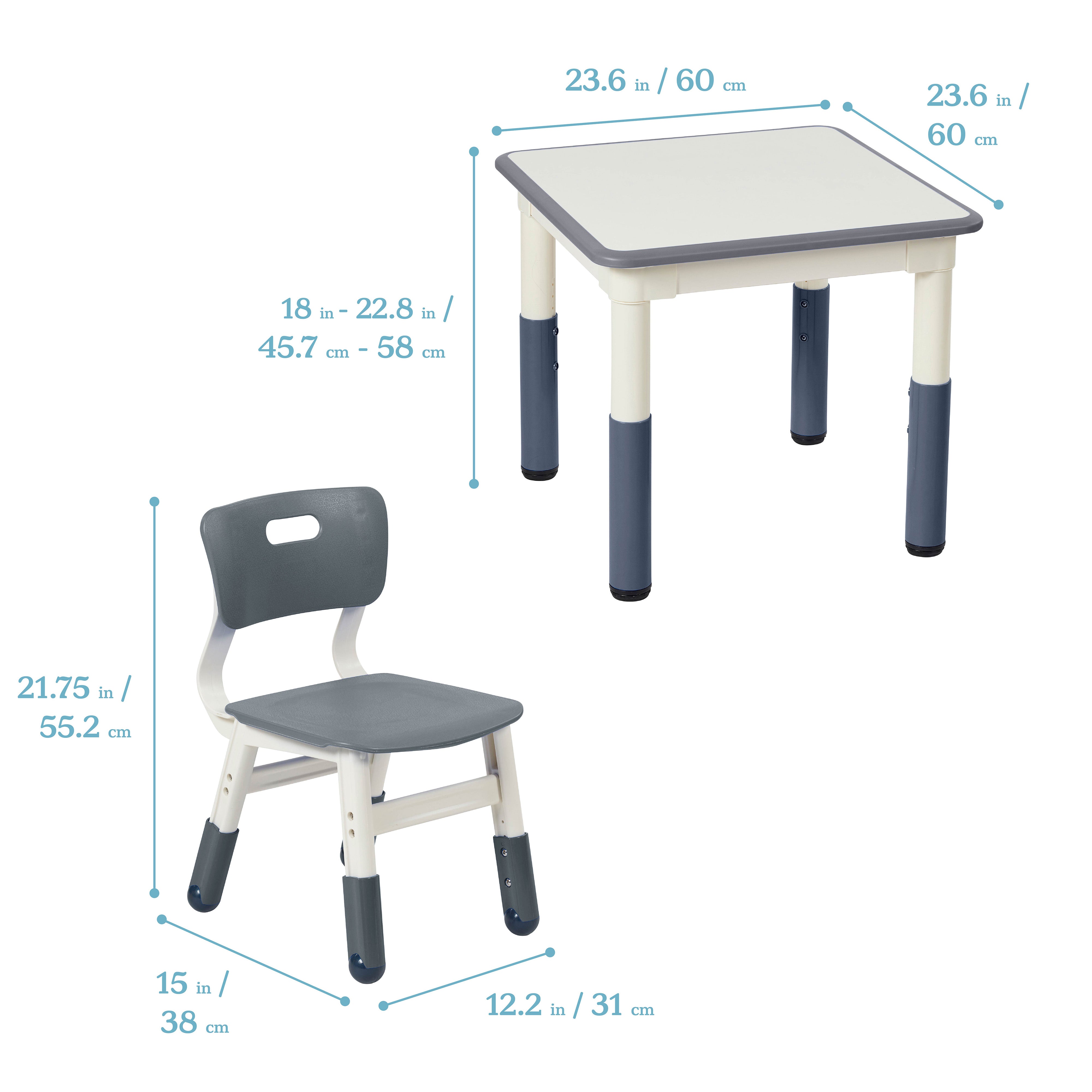 Dry-Erase Square Activity Table with 2 Chairs, Adjustable, 3-Piece