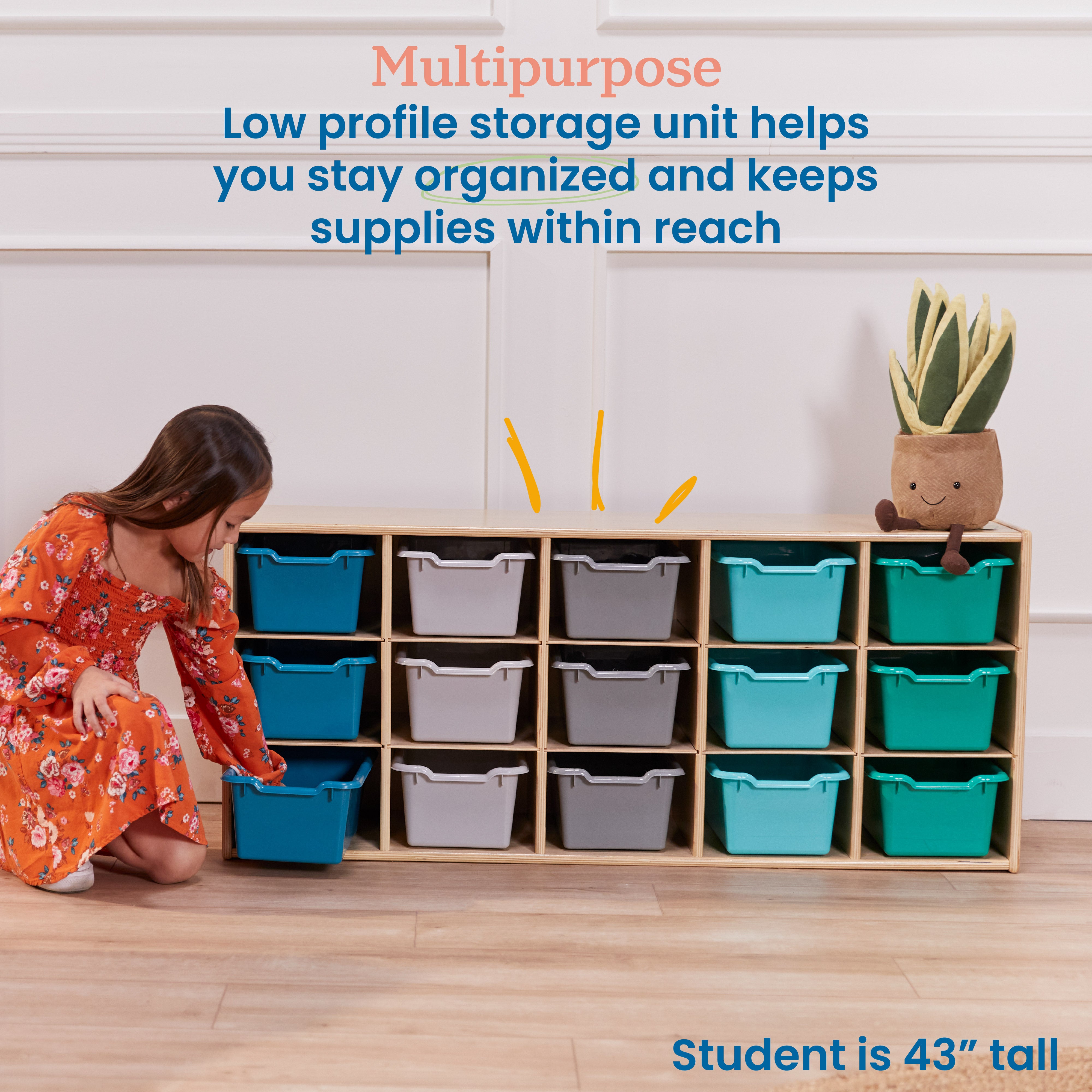 Streamline 15 Cubby Tray Cabinet with 15 Scoop Front Storage Bins, 3x5, Natural