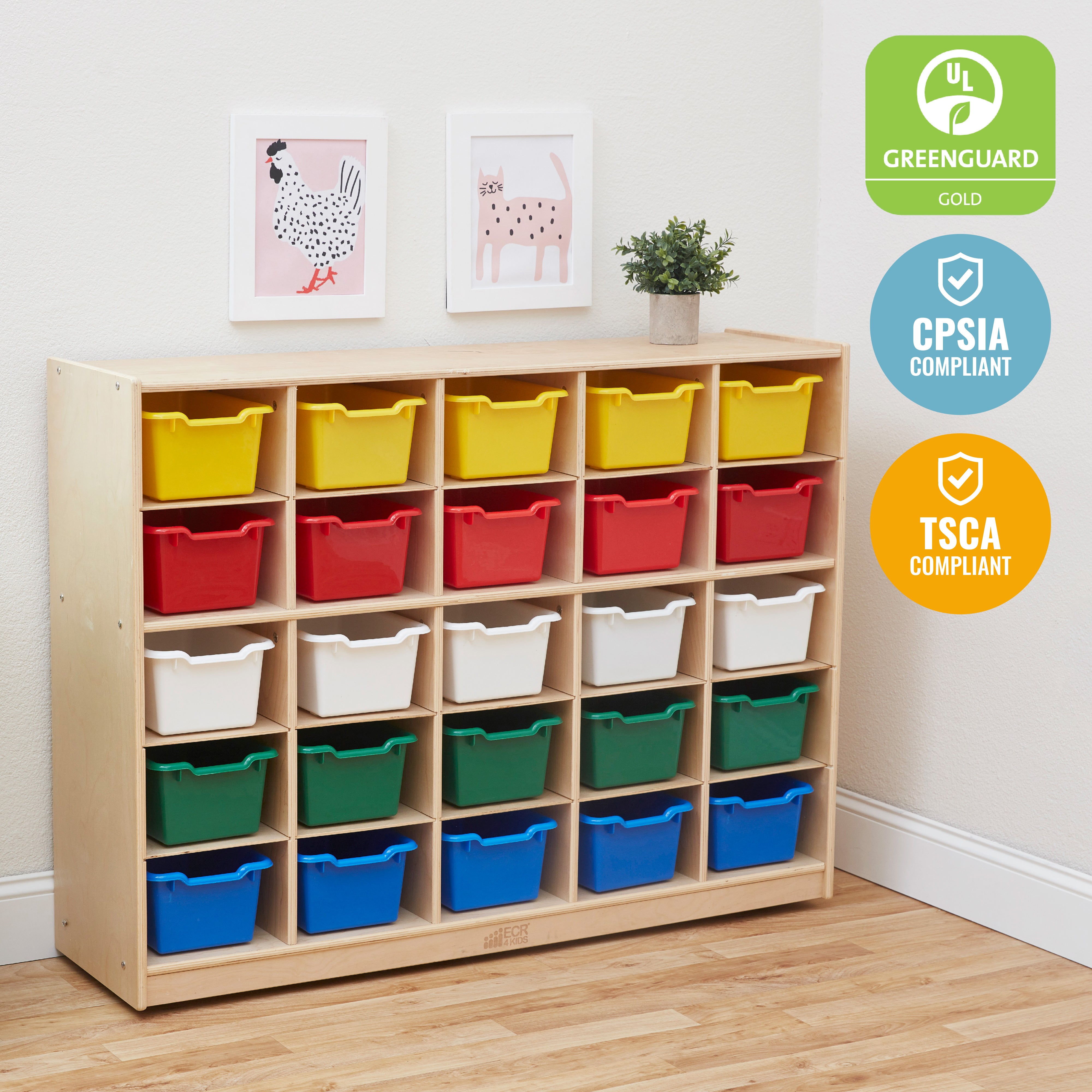 25 Cubby Mobile Tray Cabinet with Scoop Front Storage Bins, Natural