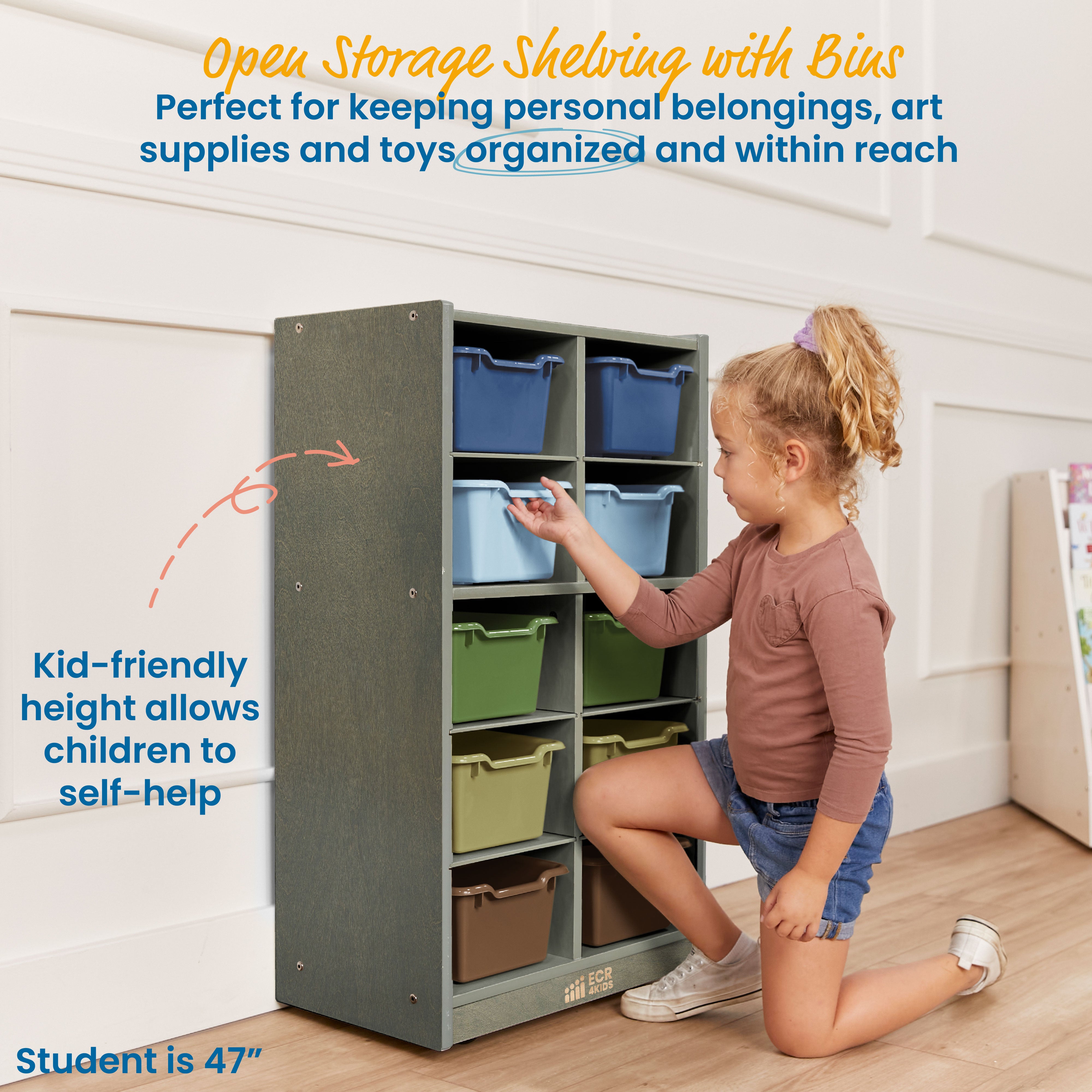 10 Cubby Mobile Tray Cabinet with 10 Scoop Front Storage Bins, 5x2, Grey Wash