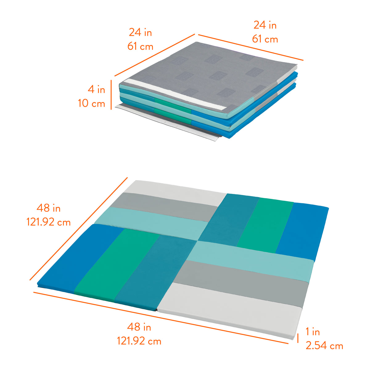 Foldable play mat with stacked layers in gray, teal, green, and blue, 24 by 24 inches, expands to 48 by 48 inches when unfold