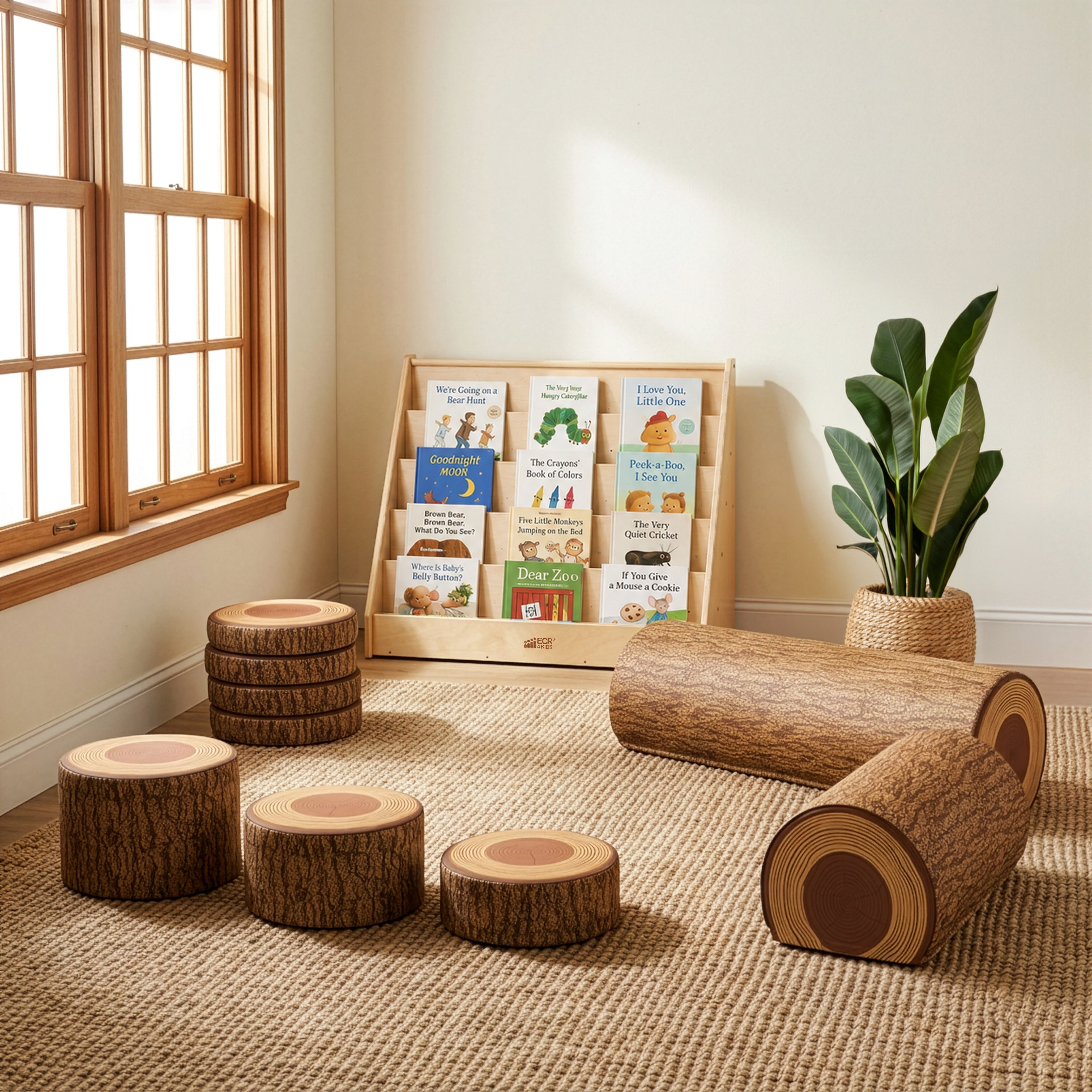 Preschool Nature-Inspired Reading Circle with Tree Log Seating and Book Display