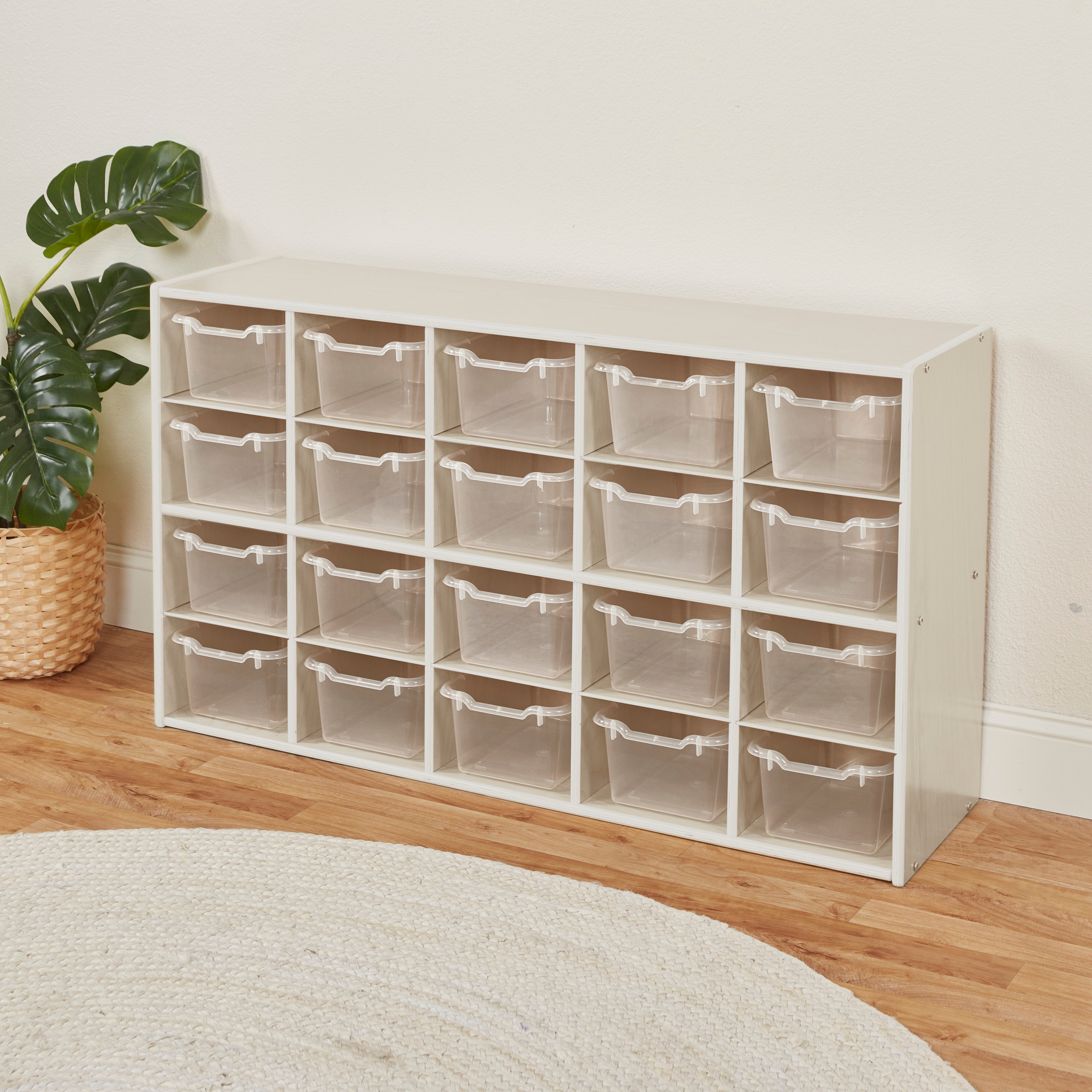Streamline 20 Cubby Tray Storage Cabinet with 20 Scoop Front Storage Bins, 4x5, White Wash