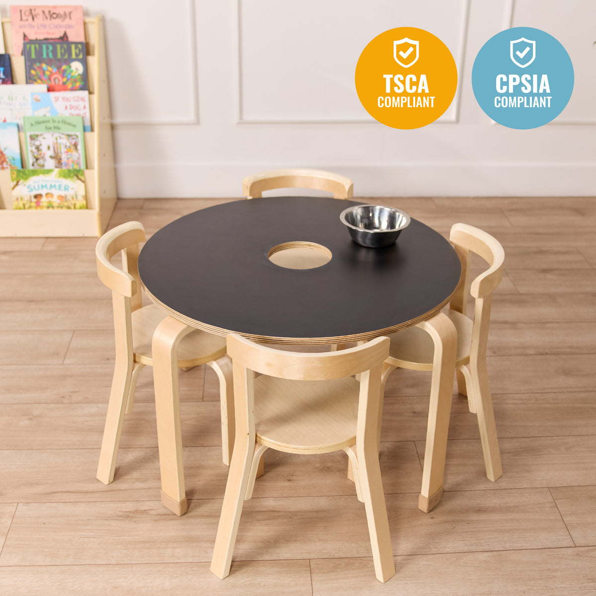Round Bentwood Chalkboard Table and Curved Back Chair Set, 5-Piece