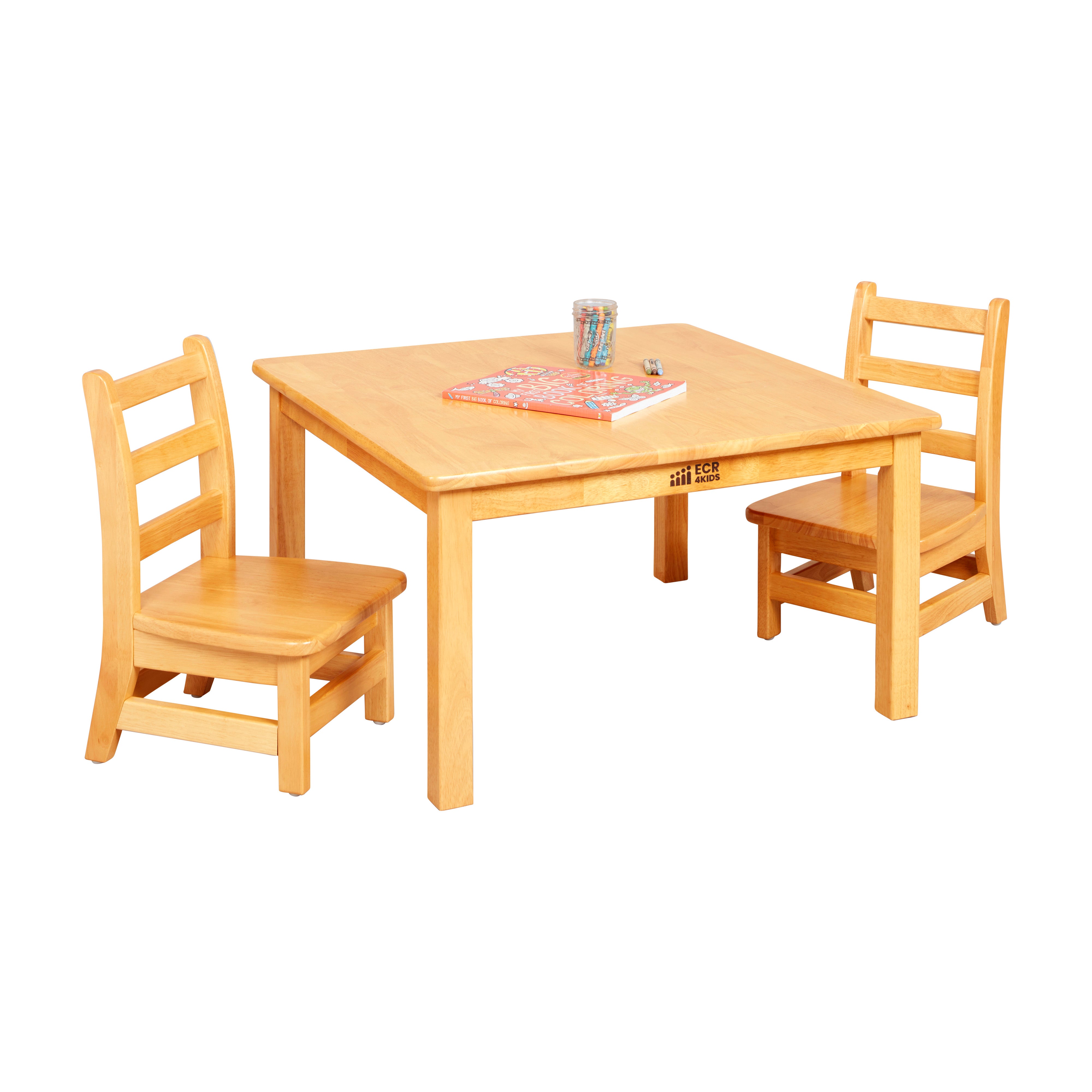 30in x 30in Square Hardwood Table with 16in Legs and Two 8in Chairs, 3-Piece
