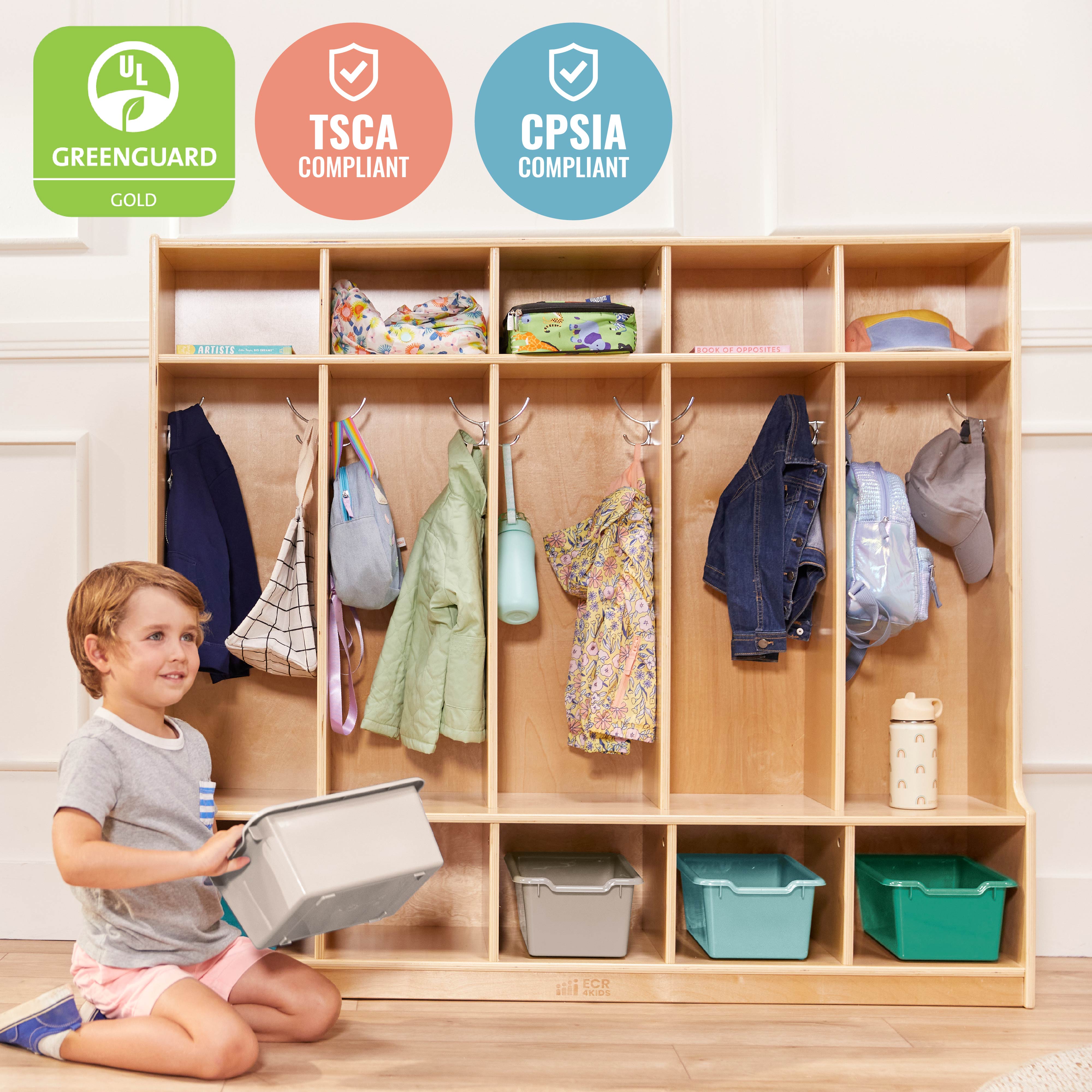 5-Section Coat Locker with Bench and Scoop Front Storage Bins, Natural