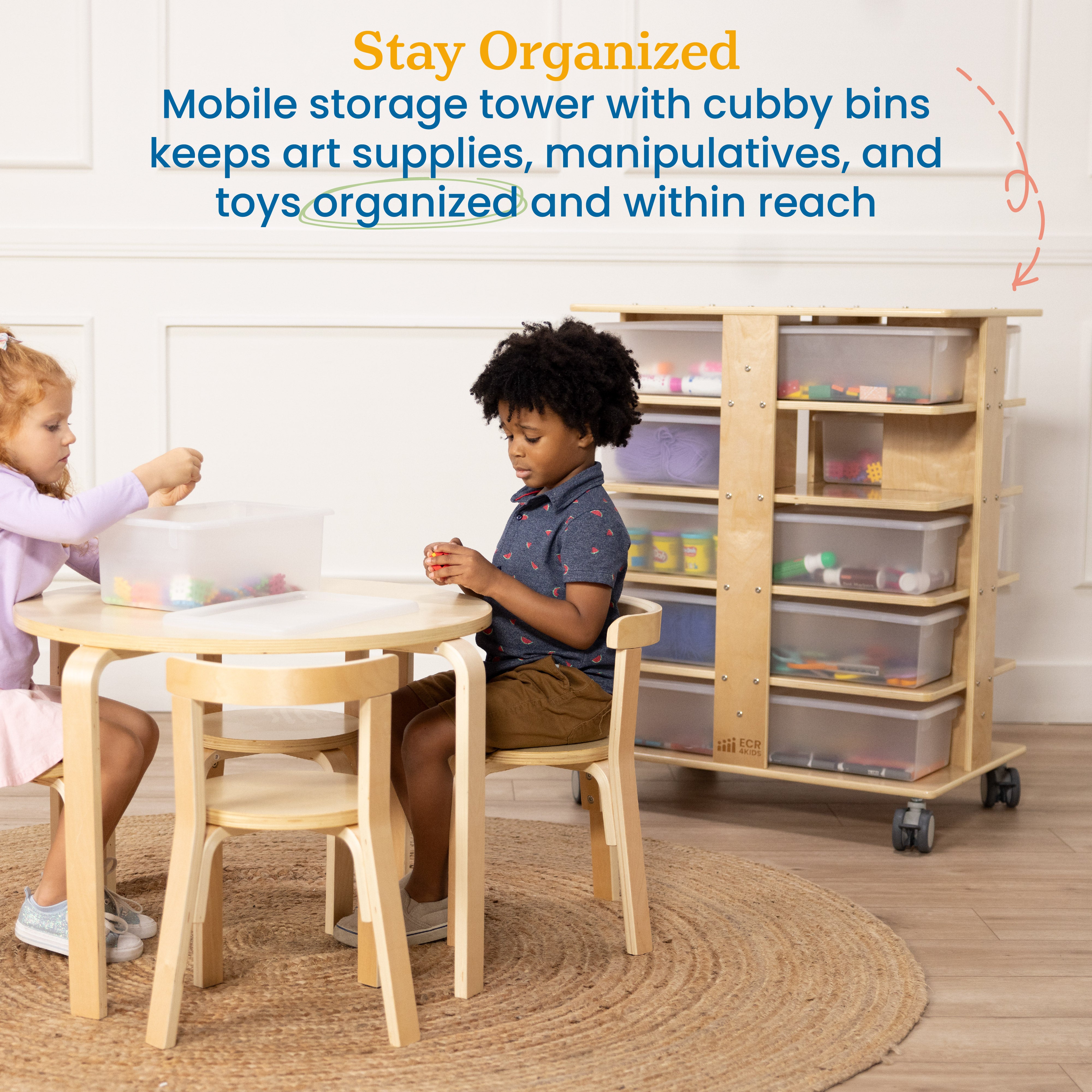 20-Compartment Mobile Storage Tower with Cubby Bins with Lids, 5x4, Natural