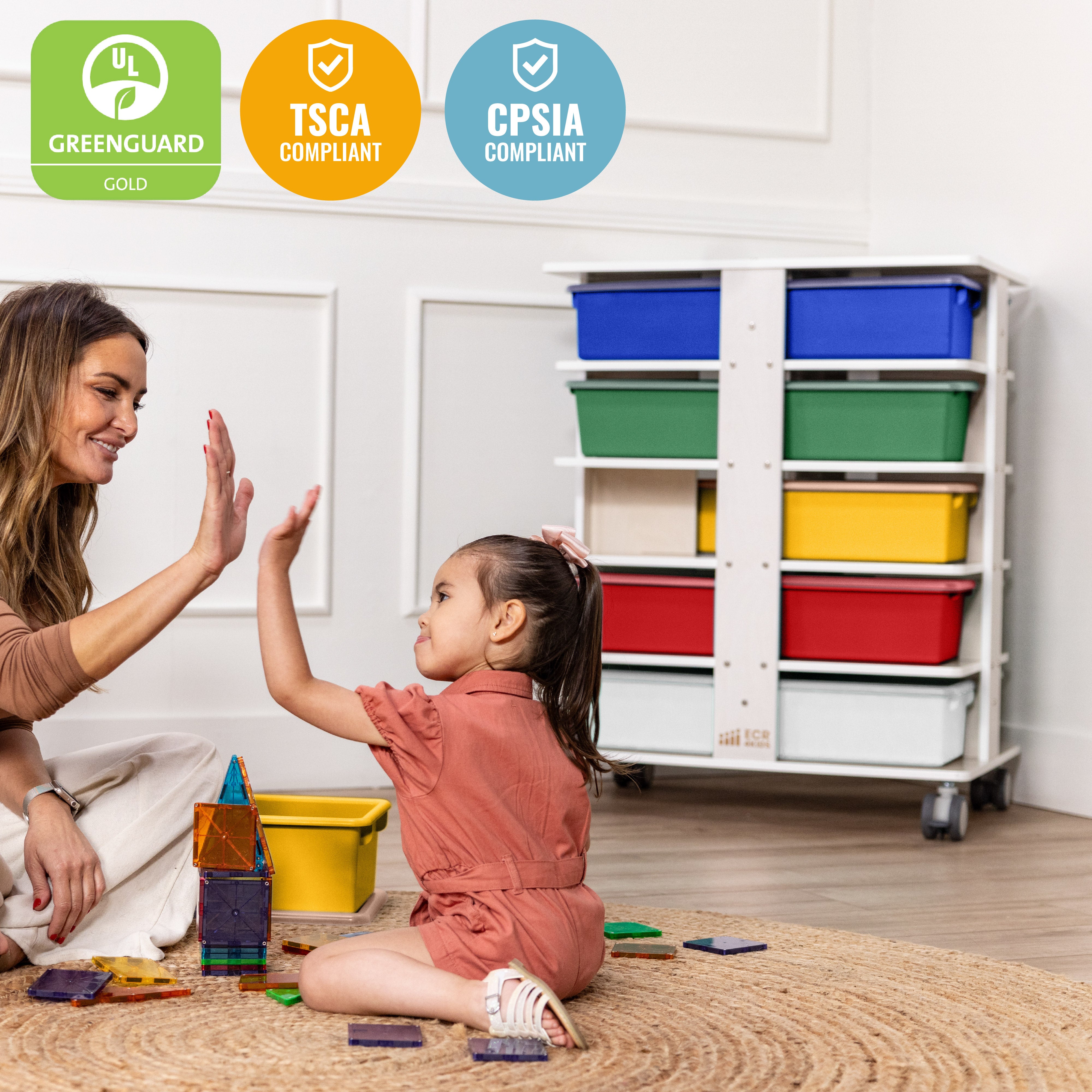 20-Compartment Mobile Storage Tower with Cubby Bins with Lids, 5x4, White Wash, Classroom Furniture