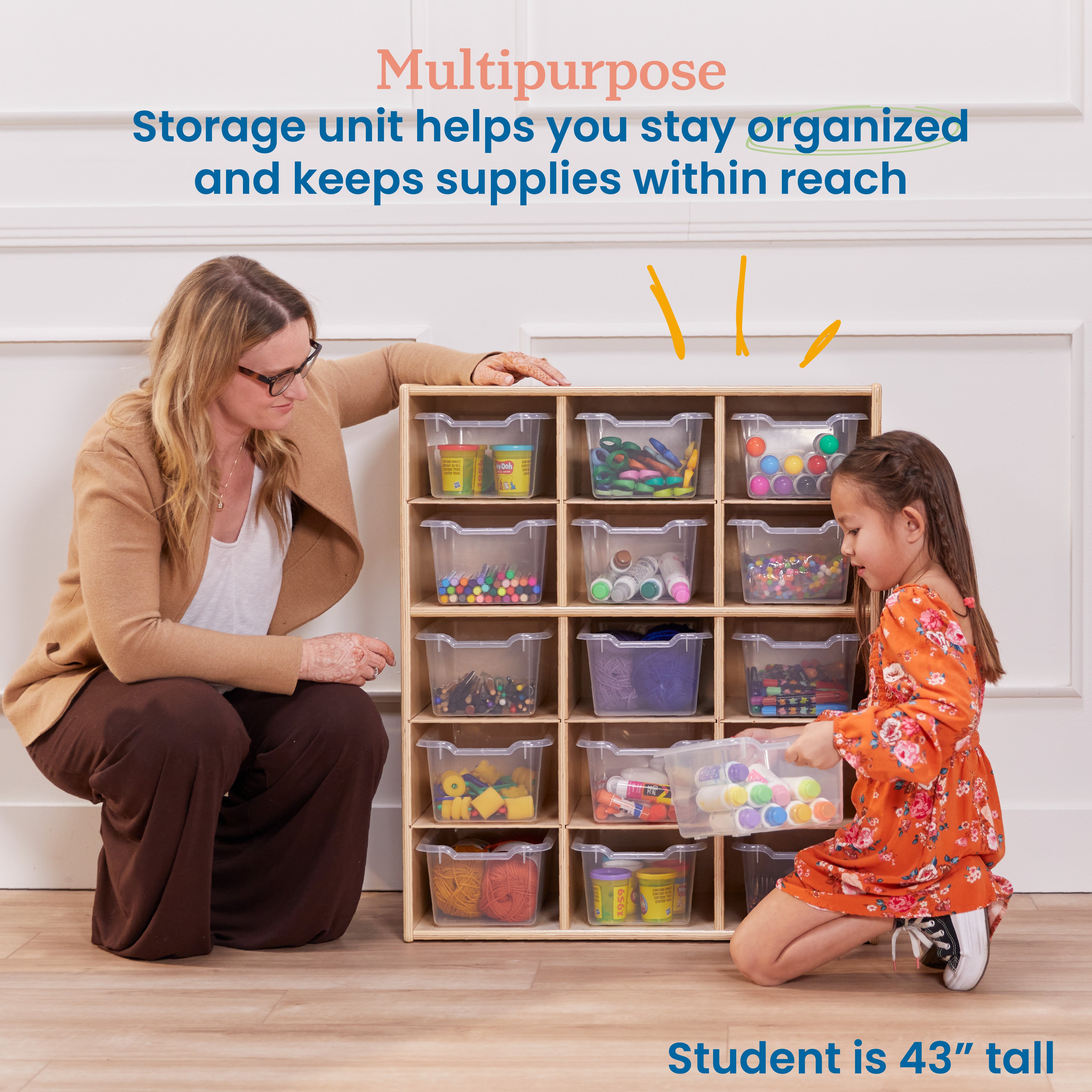 Streamline 15 Cubby Tray Cabinet with 15 Scoop Front Storage Bins, 5x3, Natural